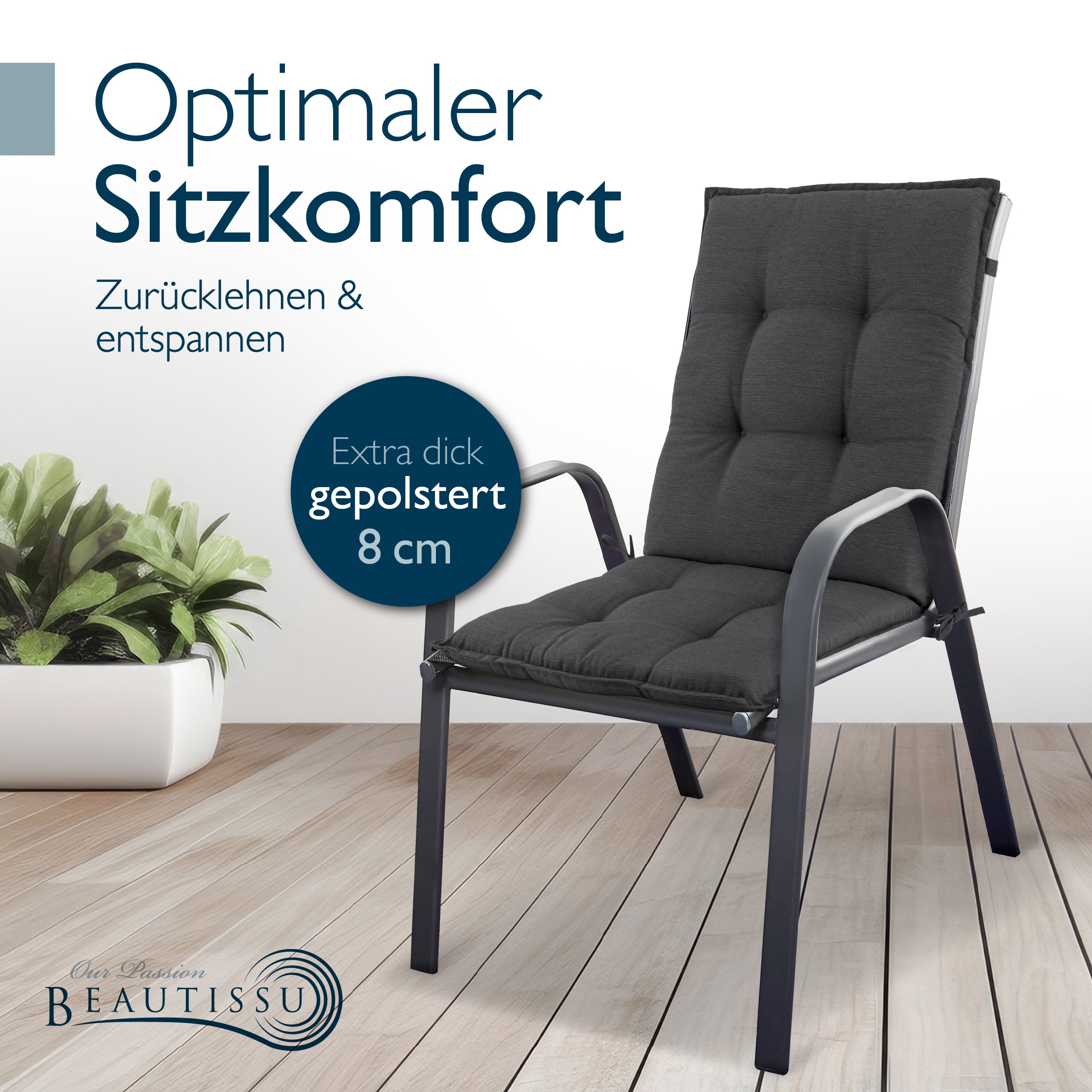 Beautissu Niederlehner Stuhlauflage 100x50x8 cm  – Gartenstuhl Sitzkis