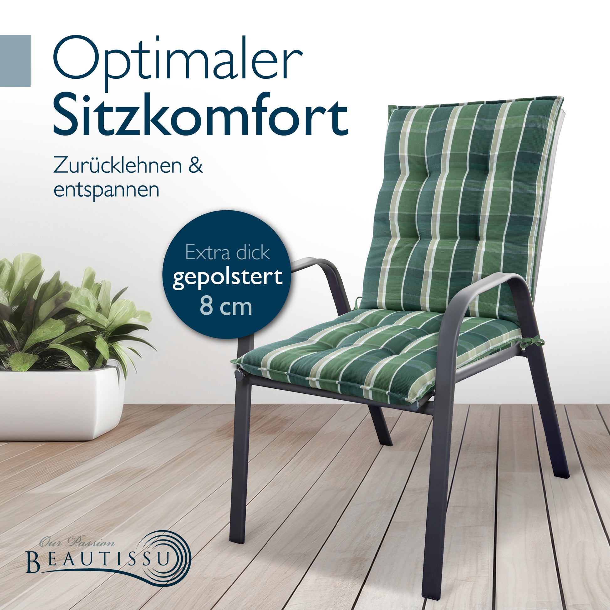 Beautissu Niederlehner Stuhlauflage 100x50x8 cm  – Gartenstuhl Sitzkis