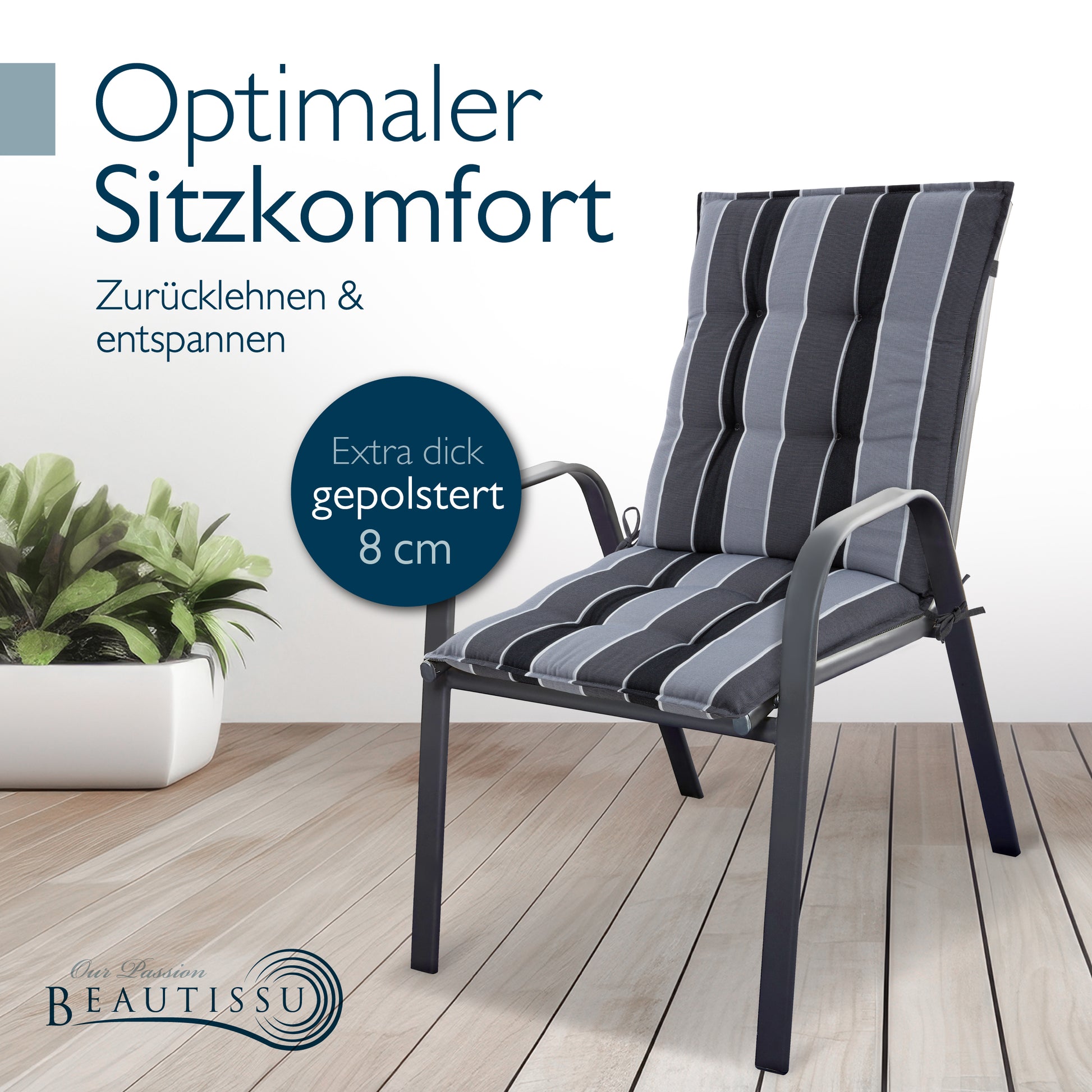 Beautissu Niederlehner Stuhlauflage 100x50x8 cm  – Gartenstuhl Sitzkis