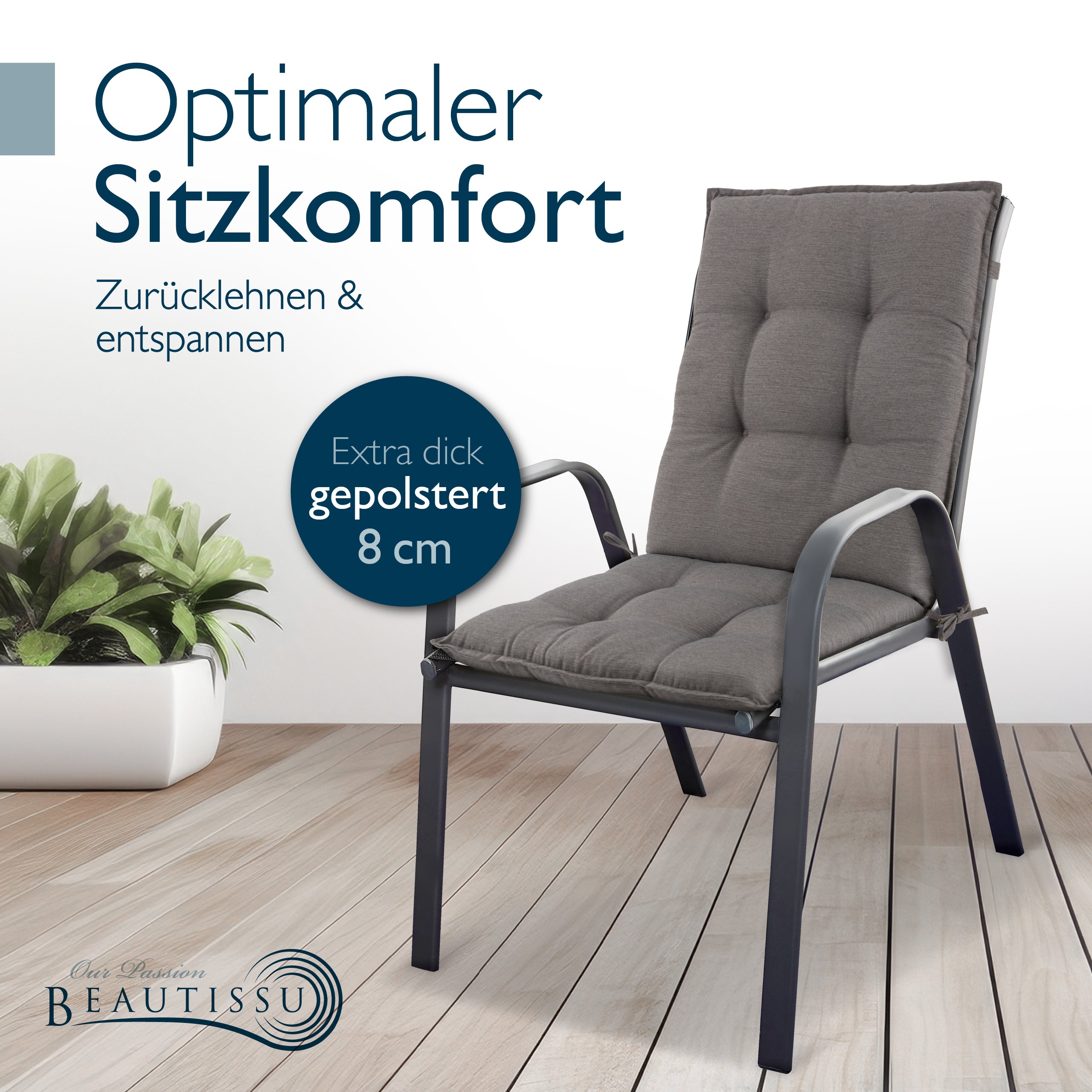 Beautissu Niederlehner Stuhlauflage 100x50x8 cm  – Gartenstuhl Sitzkis