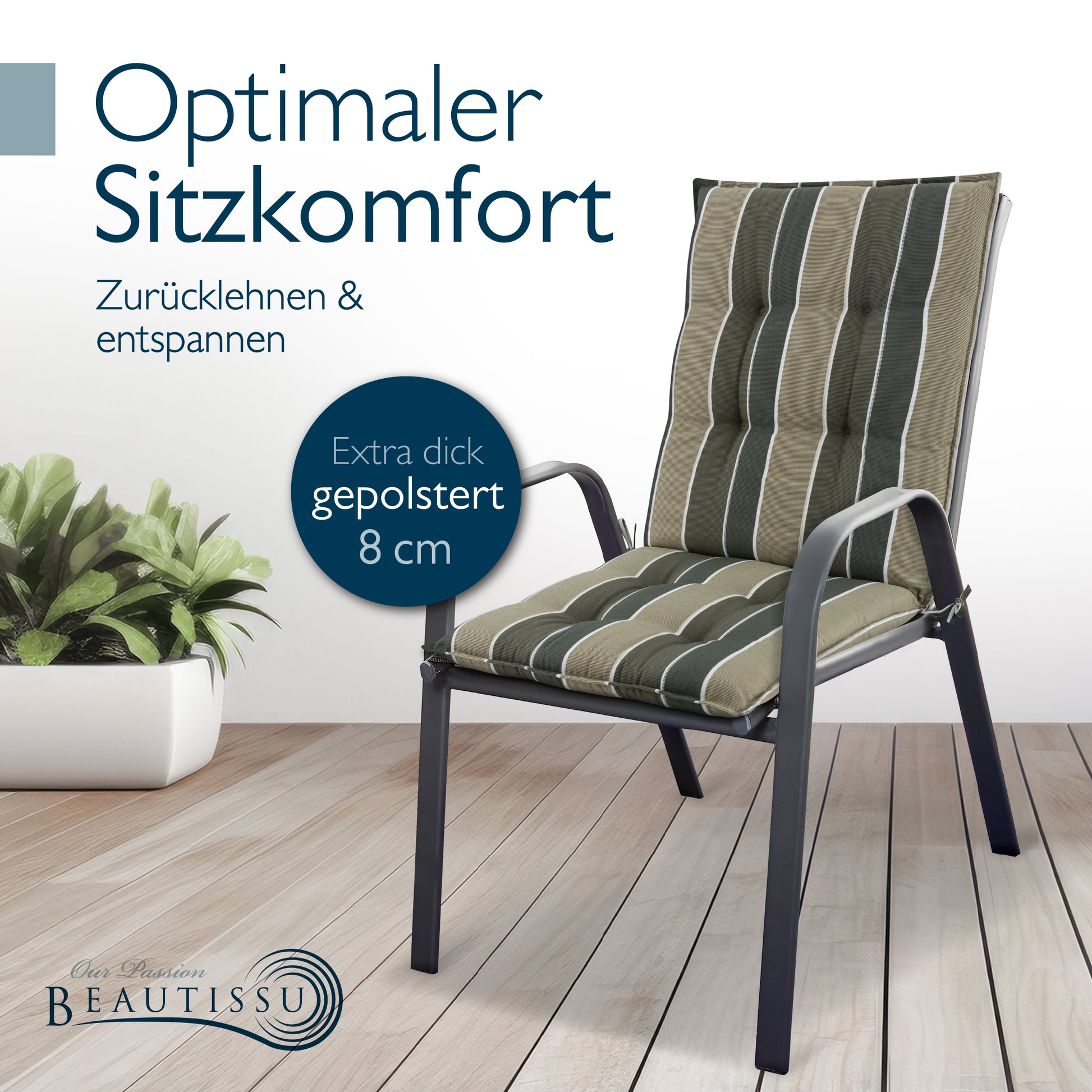 Beautissu Niederlehner Stuhlauflage 100x50x8 cm  – Gartenstuhl Sitzkis