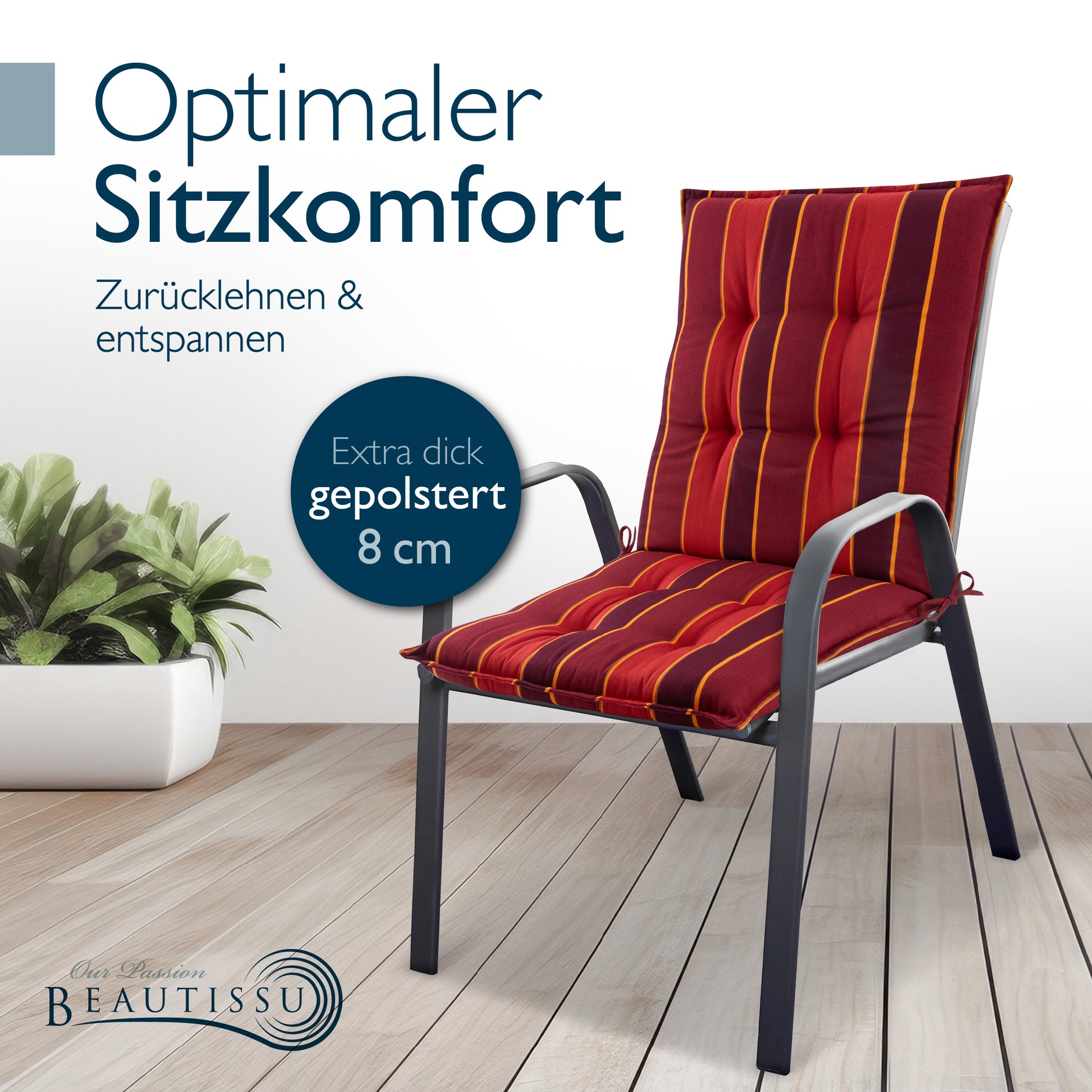 Beautissu Niederlehner Stuhlauflage 100x50x8 cm  – Gartenstuhl Sitzkis