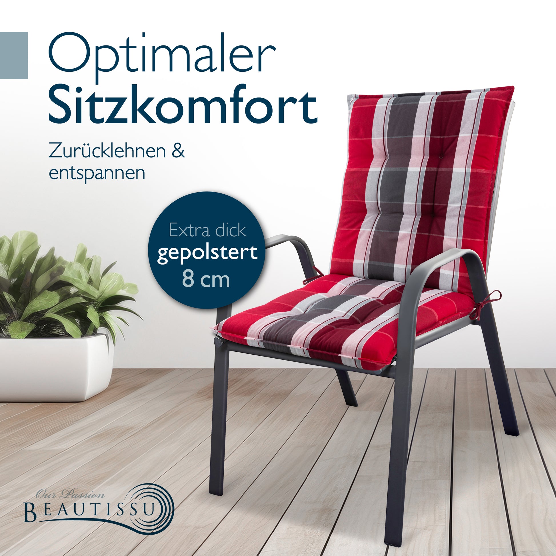 Beautissu Niederlehner Stuhlauflage 100x50x8 cm  – Gartenstuhl Sitzkis