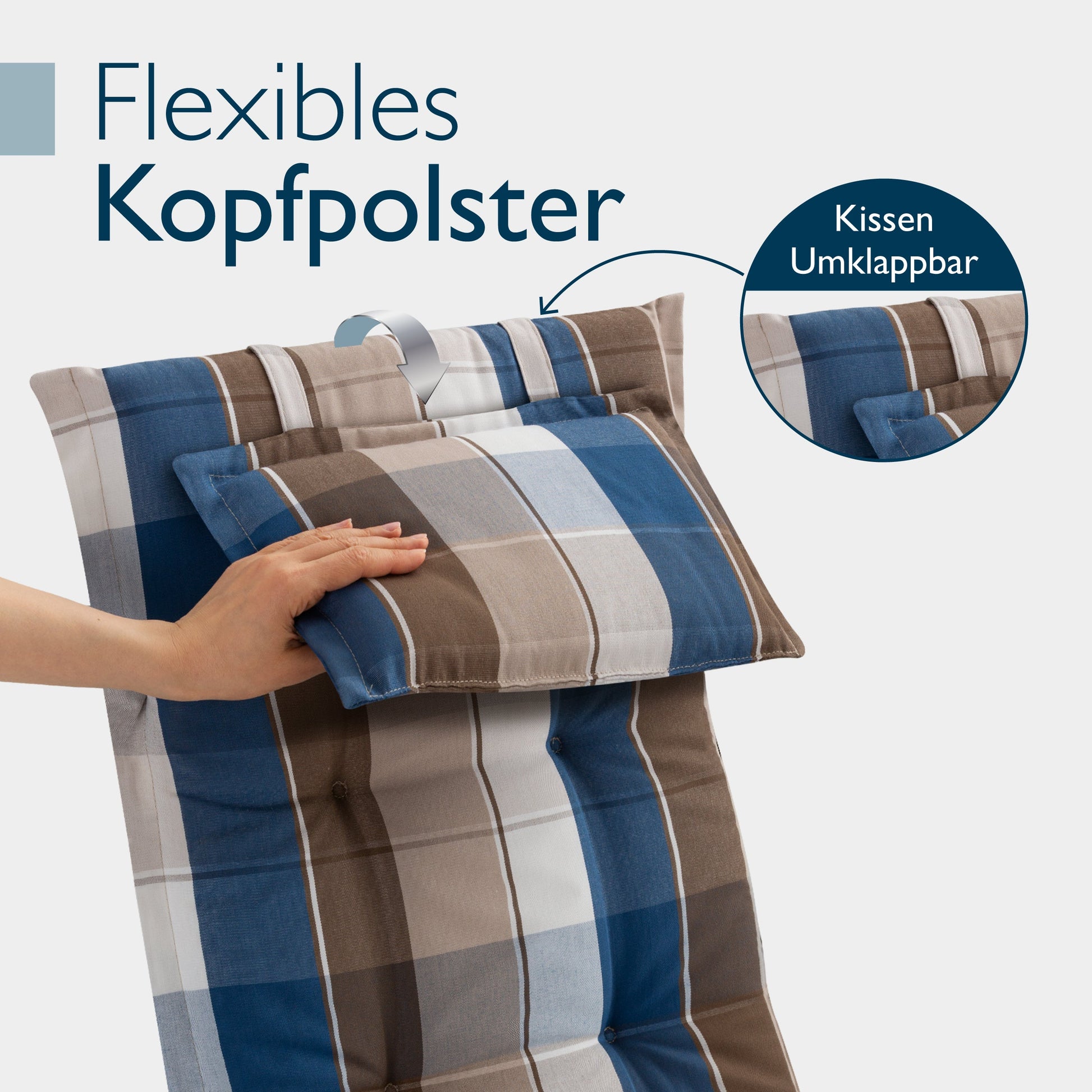 Beautissu Hochlehner Auflage mit 7 cm Komfortpolsterung und integriertem Kopfkissen, UV-beständig und rutschfest