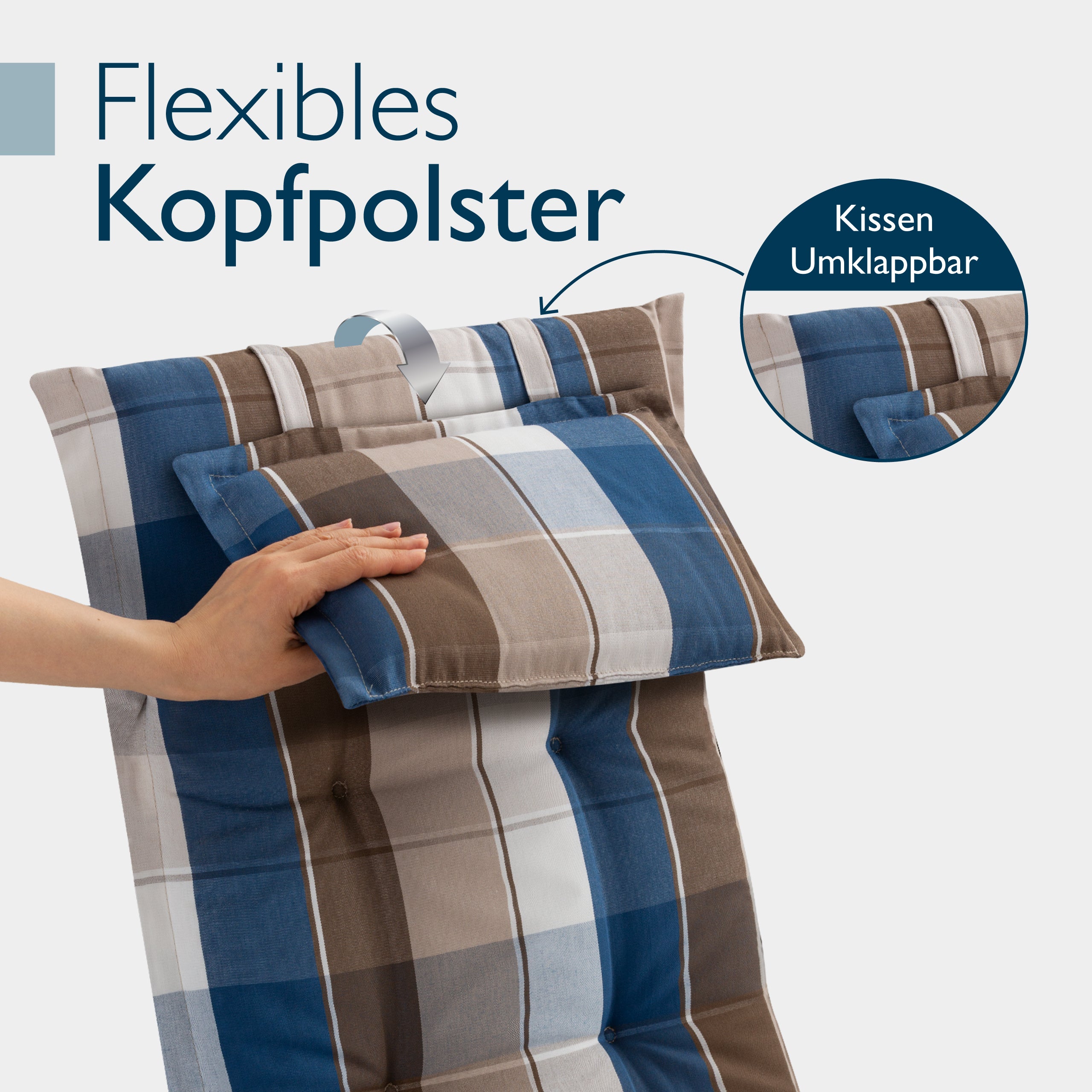 Beautissu Hochlehner Auflage mit 7 cm Komfortpolsterung und integriertem Kopfkissen, UV-beständig und rutschfest