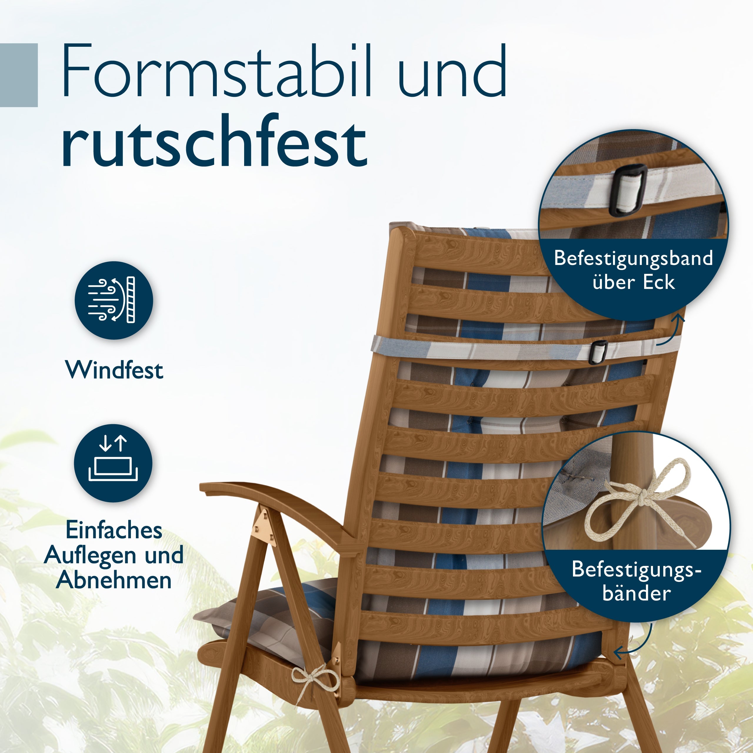 Beautissu Hochlehner Auflage mit Kopfpolster, 7 cm starke Polsterung, UV-beständig, rutschfest, Gartenstuhl Sitzkissen