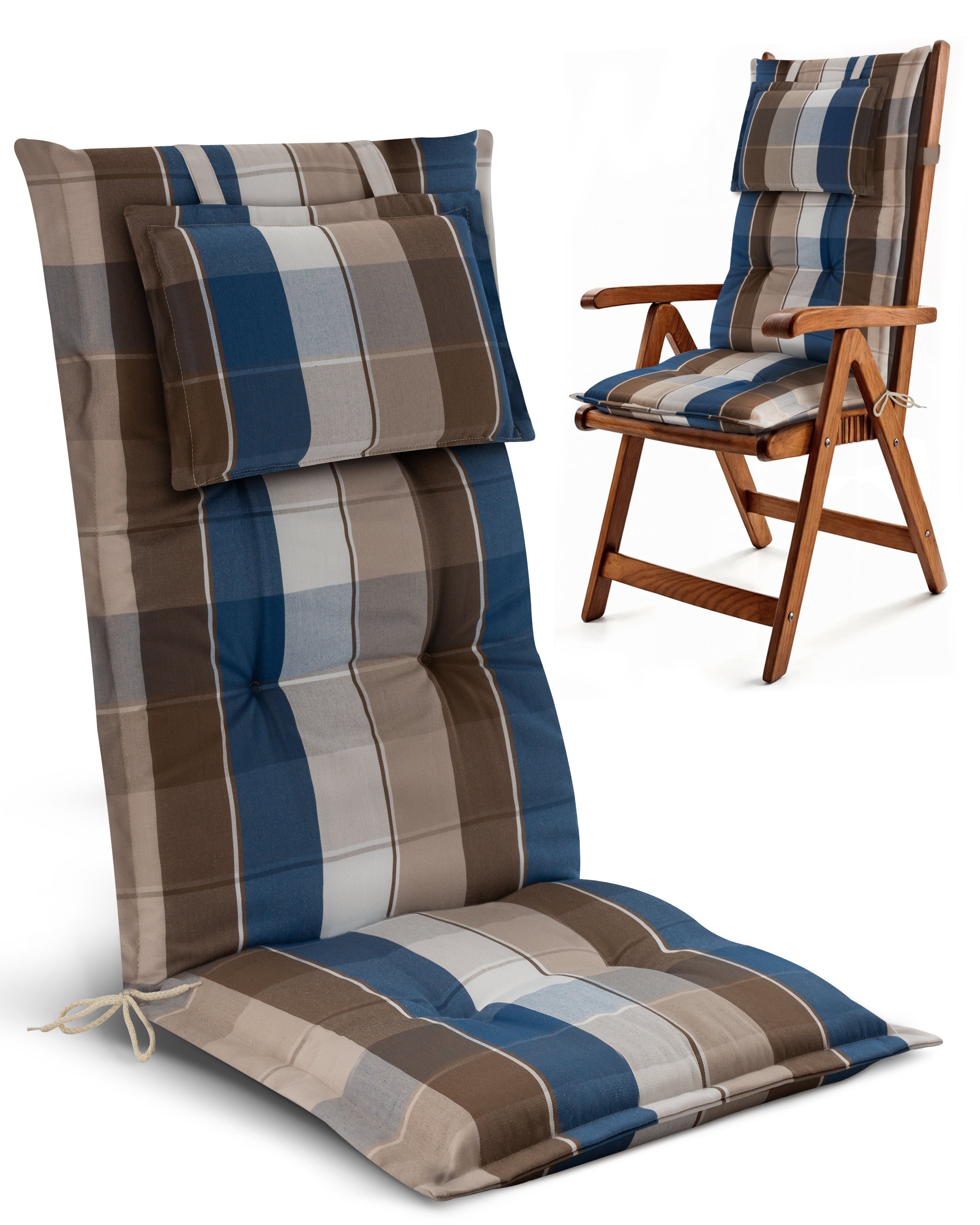 Beautissu Hochlehner Auflage mit 7 cm Polsterung und umklappbarem Kopfkissen, UV-beständig, rutschfest, Polyesterbezug, Gartenstuhlauflage