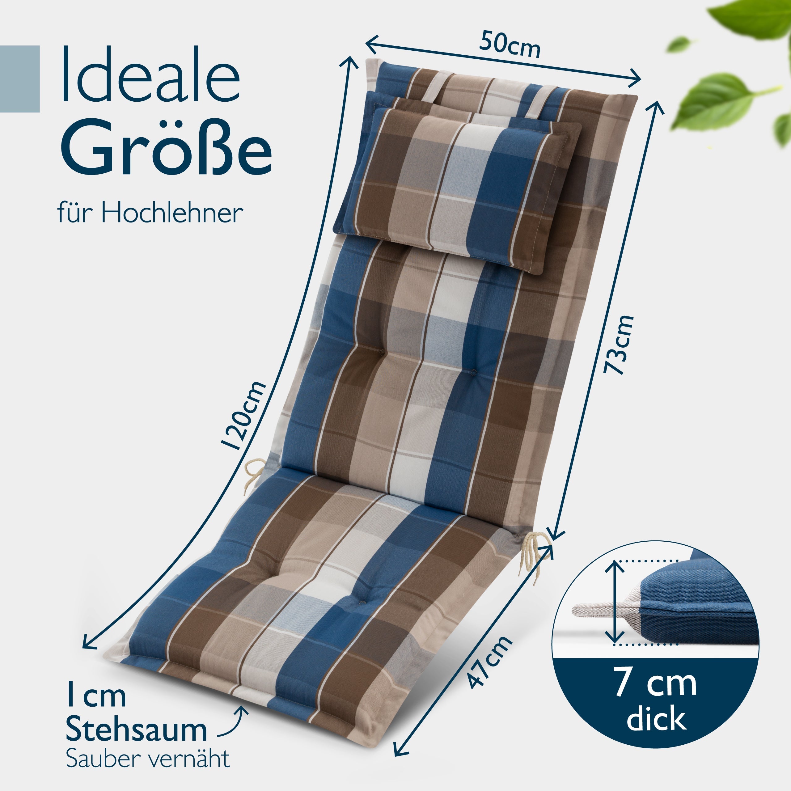Beautissu Hochlehner Auflage mit Kopfpolster, wetterfeste Gartenstuhlauflage, 7 cm dick gepolstert, UV-beständiger Polyesterbezug, rutschfester Sitzkomfort