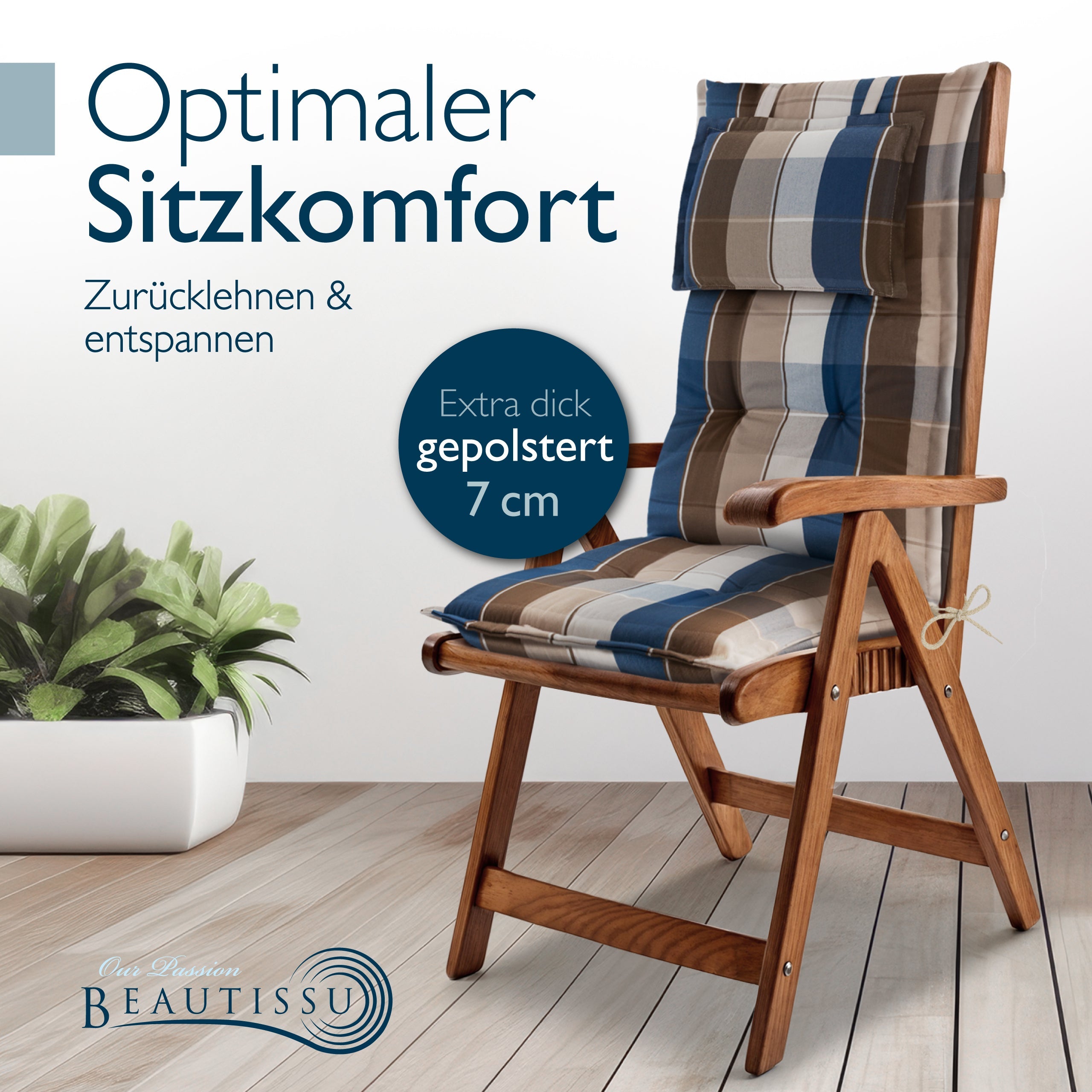 Beautissu Hochlehner Auflage mit Kopfpolster, 7 cm dicke Gartenstuhlauflage, UV-beständiger Polyesterbezug, rutschfestes Befestigungsband, hoher Sitzkomfort