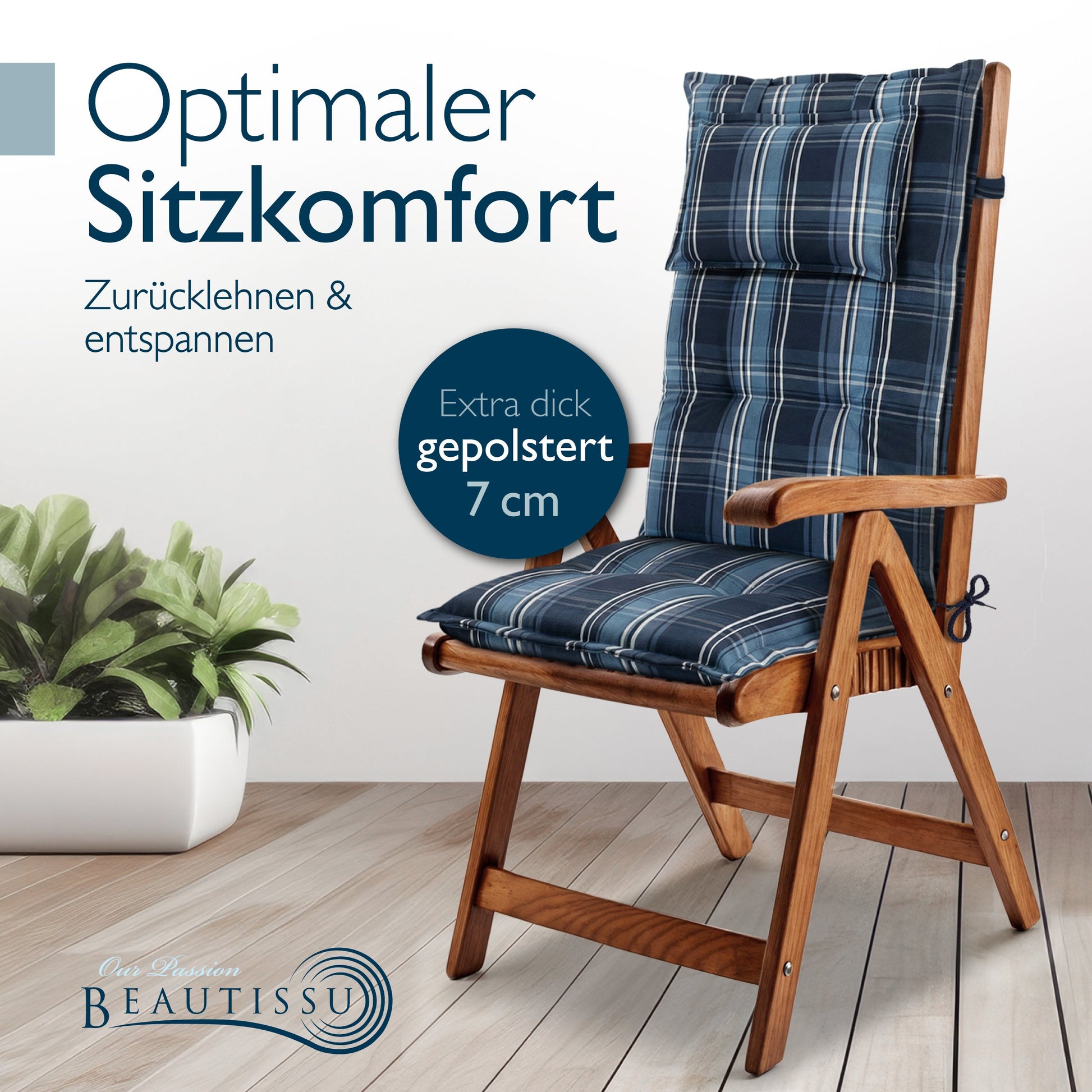 Beautissu Hochlehner Auflage mit 7 cm Polsterung und umklappbarem Kopfkissen, UV-beständig und rutschfest