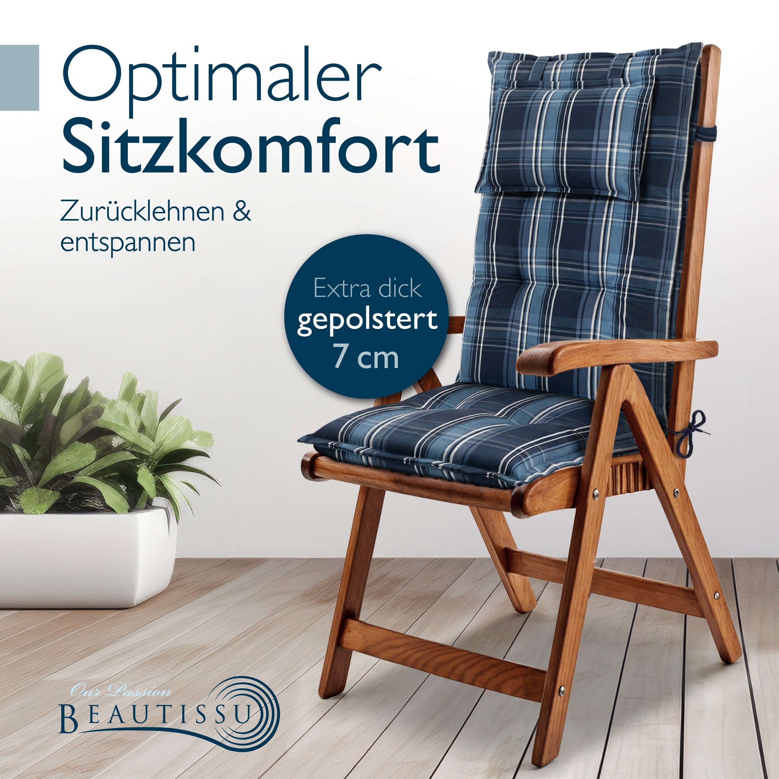 Beautissu Hochlehner Auflage mit 7 cm Polsterung und umklappbarem Kopfkissen, UV-beständig und rutschfest