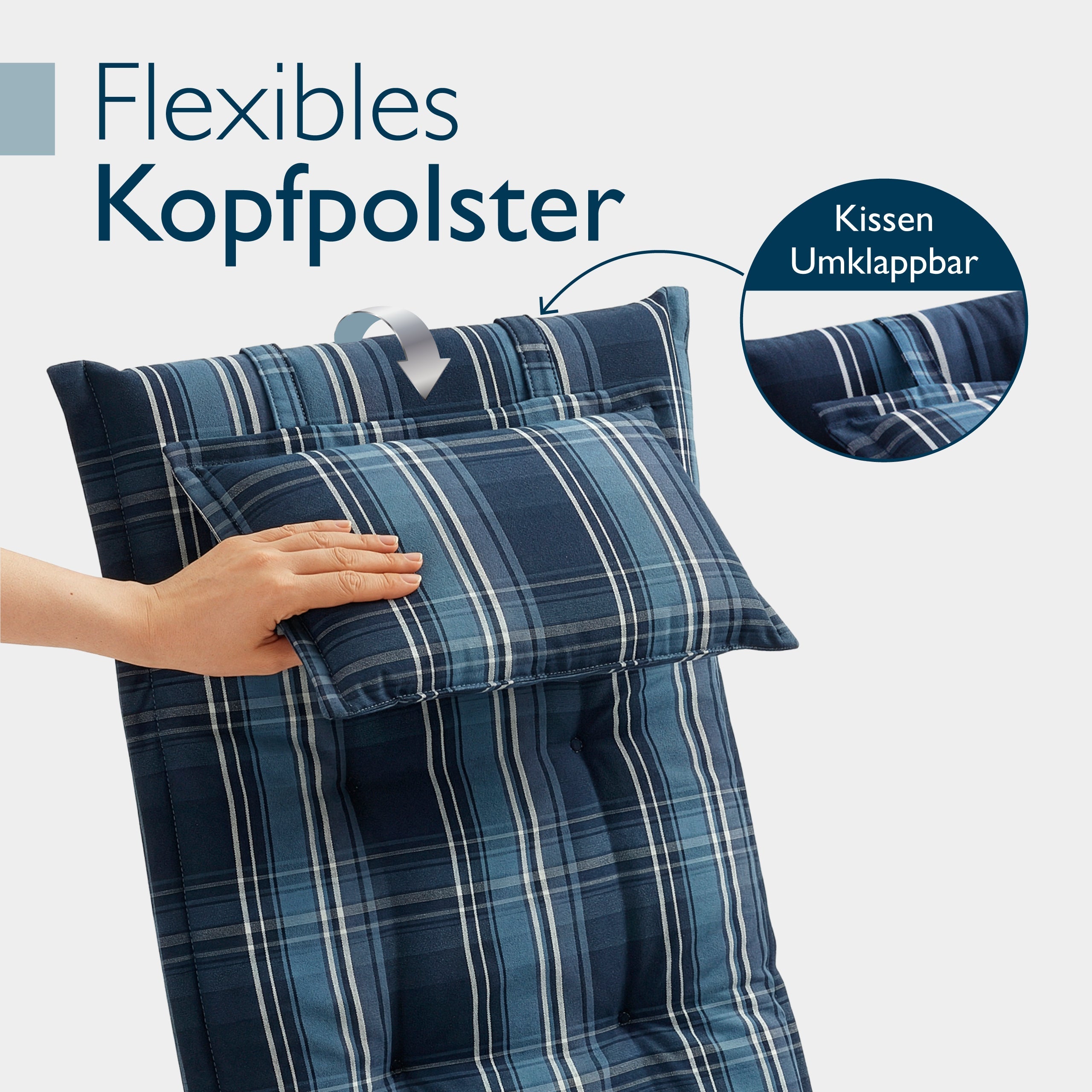 Beautissu Hochlehner Auflage mit 7 cm Polsterung und umklappbarem Kopfkissen in Gartenstuhlauflage