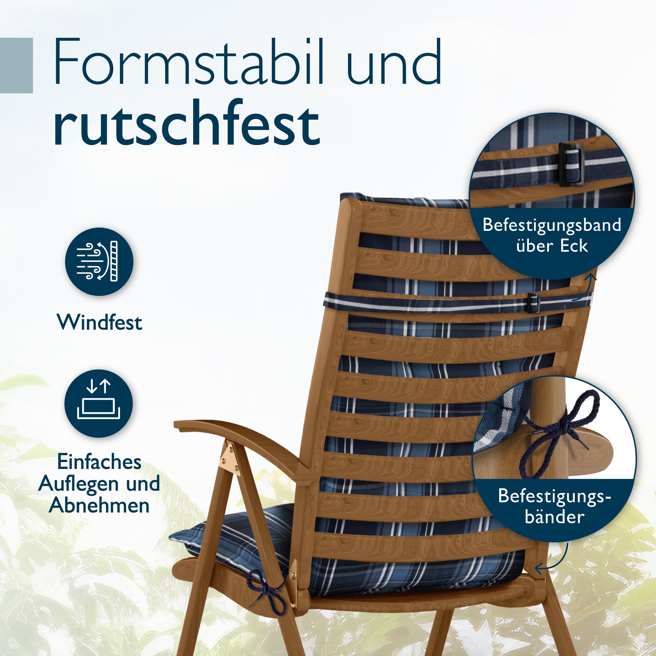 Beautissu Hochlehner Auflage mit 7 cm Polsterung und Kopfpolster für Gartenstühle, UV-beständig und rutschfest