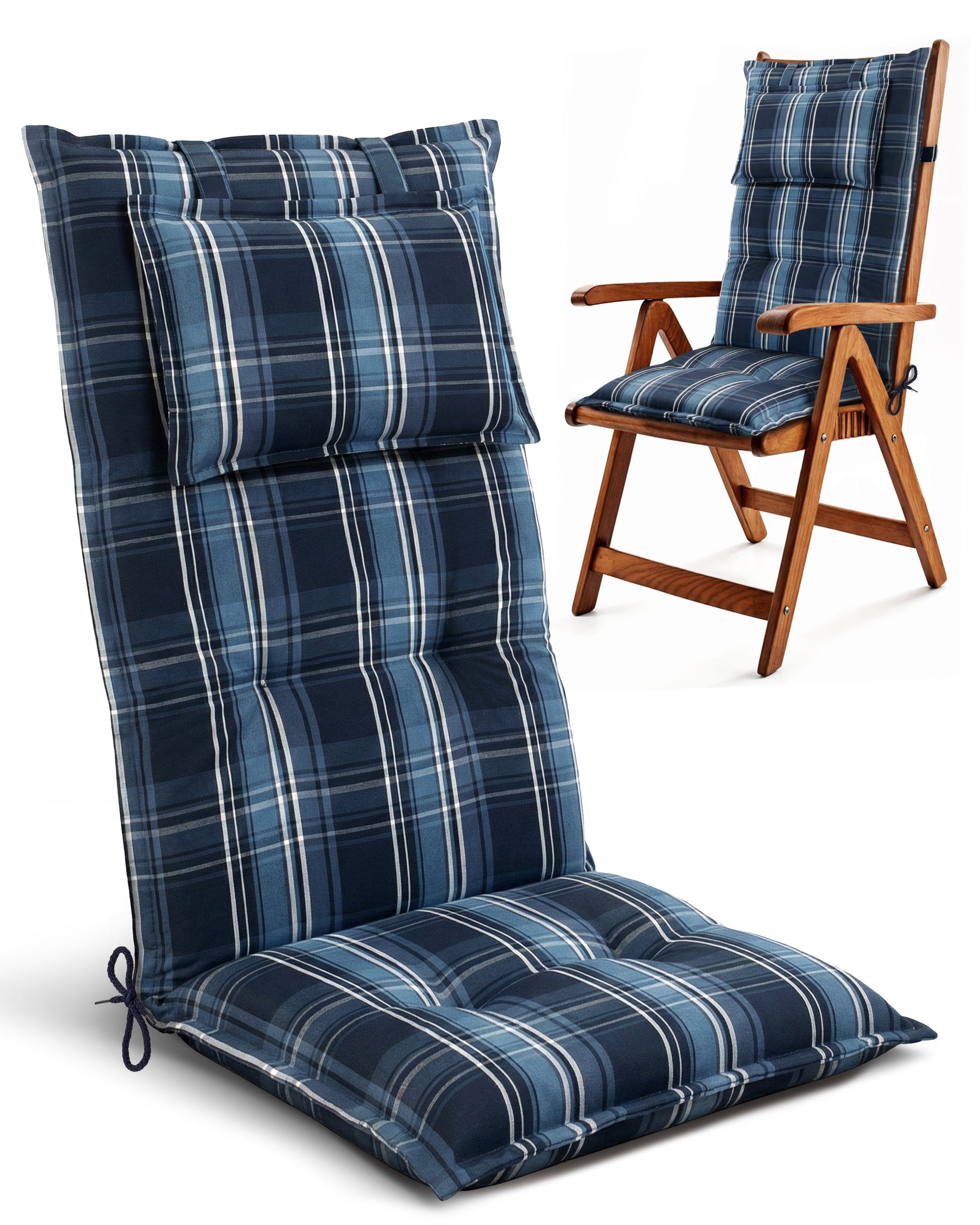 Beautissu Hochlehner Auflage mit 7 cm Polsterung und umklappbarem Kopfkissen, UV-beständig, rutschfest, Gartenstuhl Sitzkissen