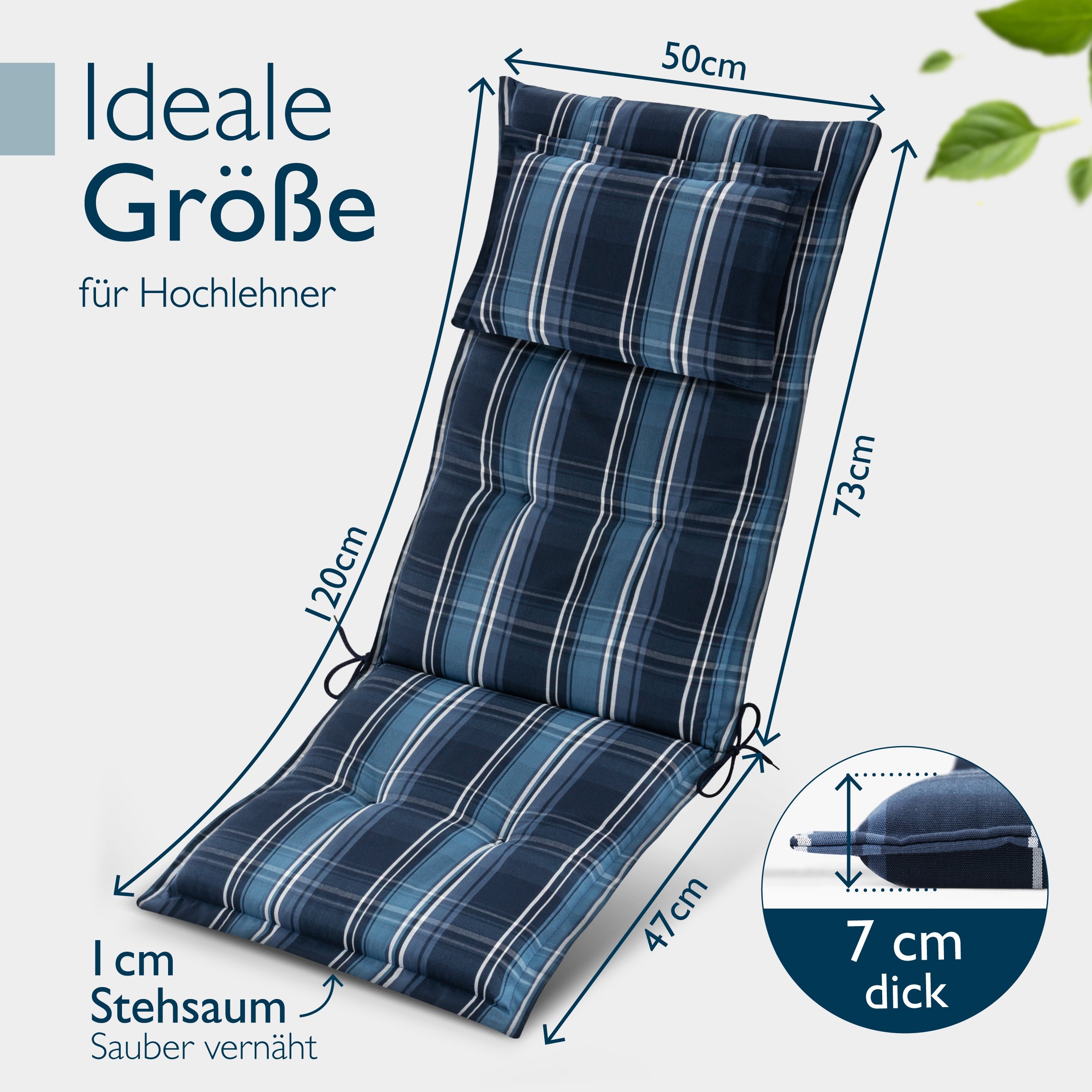 Beautissu Hochlehner Auflage mit Kopfpolster und 7 cm Polsterung, UV-beständig und rutschfest