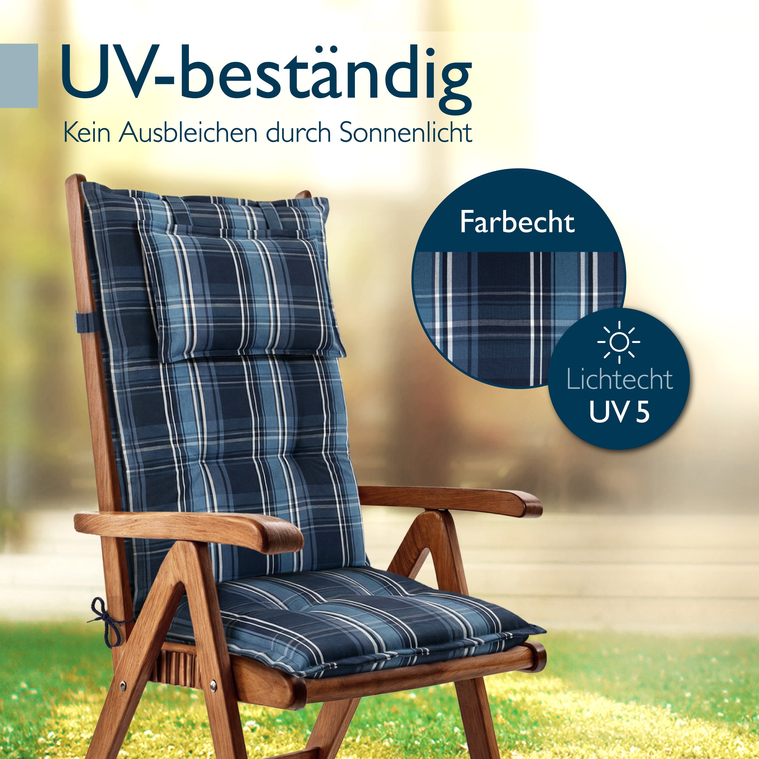 Beautissu Hochlehner Auflage mit Kopfpolster, 7 cm Polsterung, UV-beständig und rutschfest für Gartenstuhl