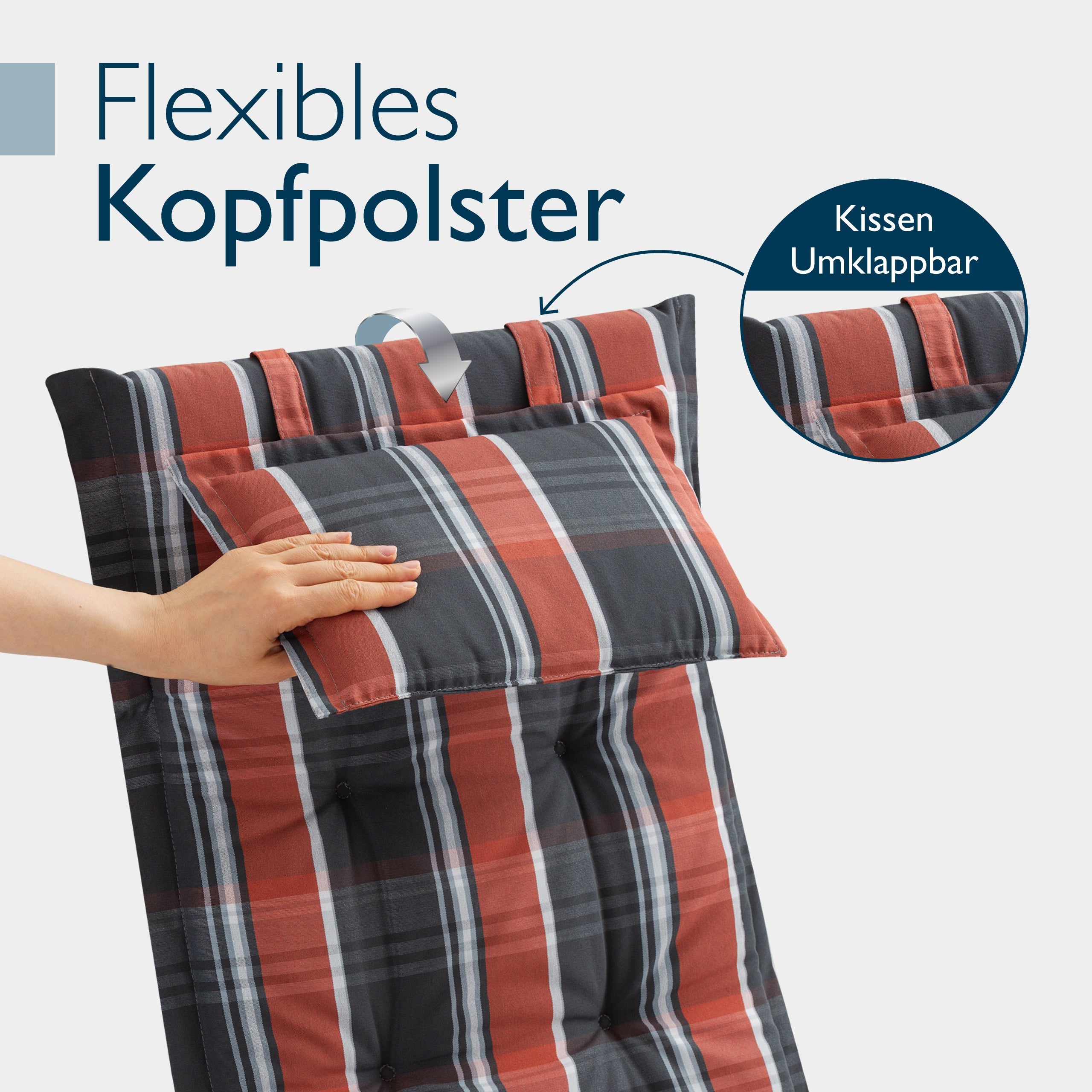 Beautissu Hochlehner Auflage mit Kopfpolster, 7 cm dick, UV-beständig und rutschfest für Gartenstuhl