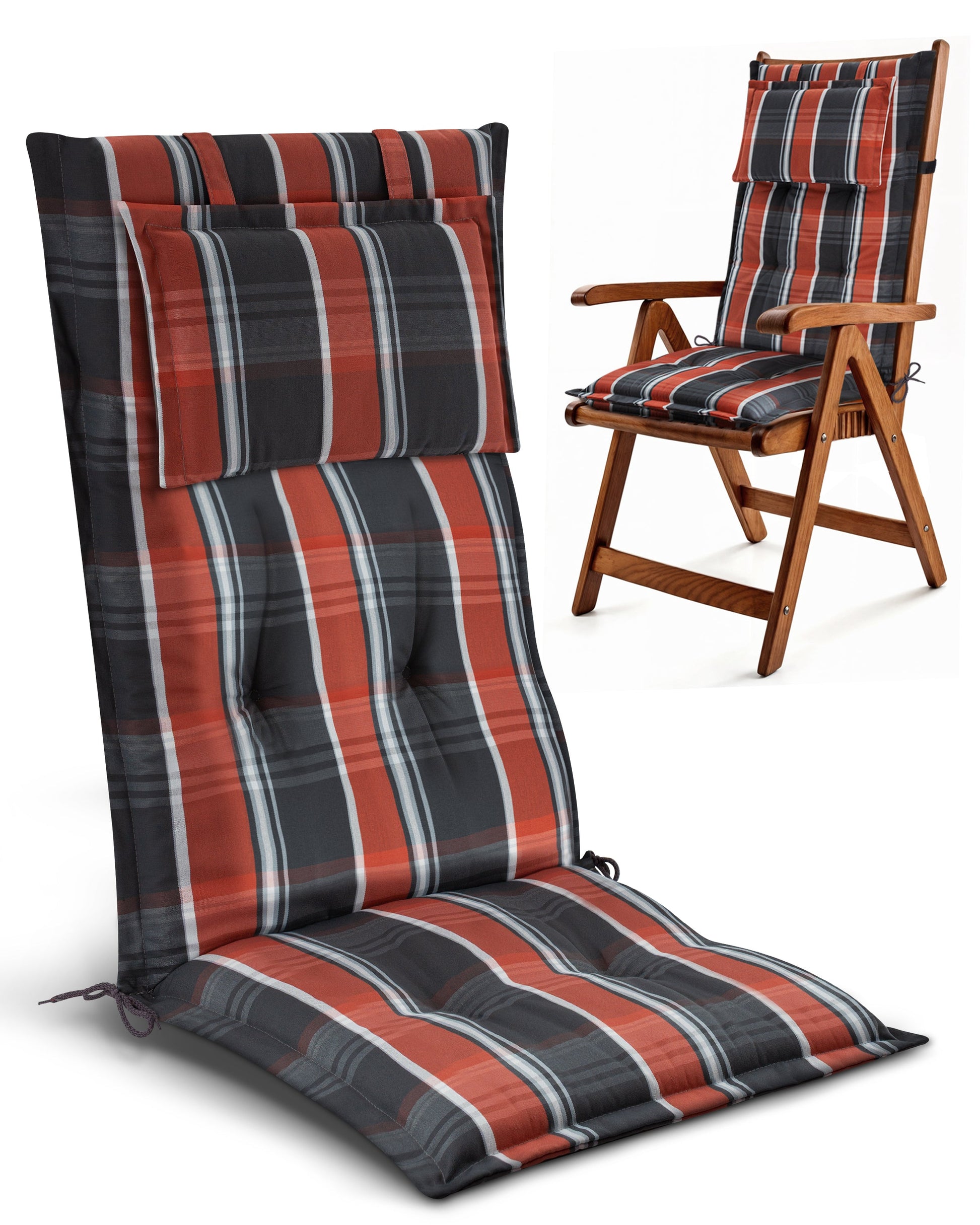 Beautissu Hochlehner Auflage mit Kopfpolster, 7 cm dicke Polsterung, UV-beständig und rutschfest, hochwertiger Polyesterbezug