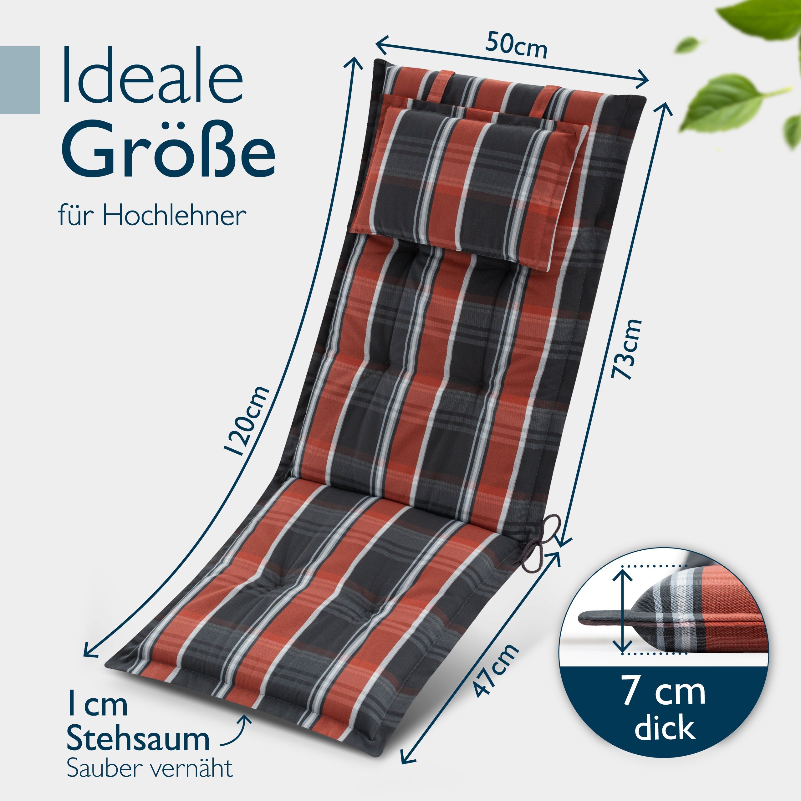 Beautissu Hochlehner Auflage mit Kopfpolster und 7 cm Polsterung für Gartenstuhl, UV-beständig und rutschfest