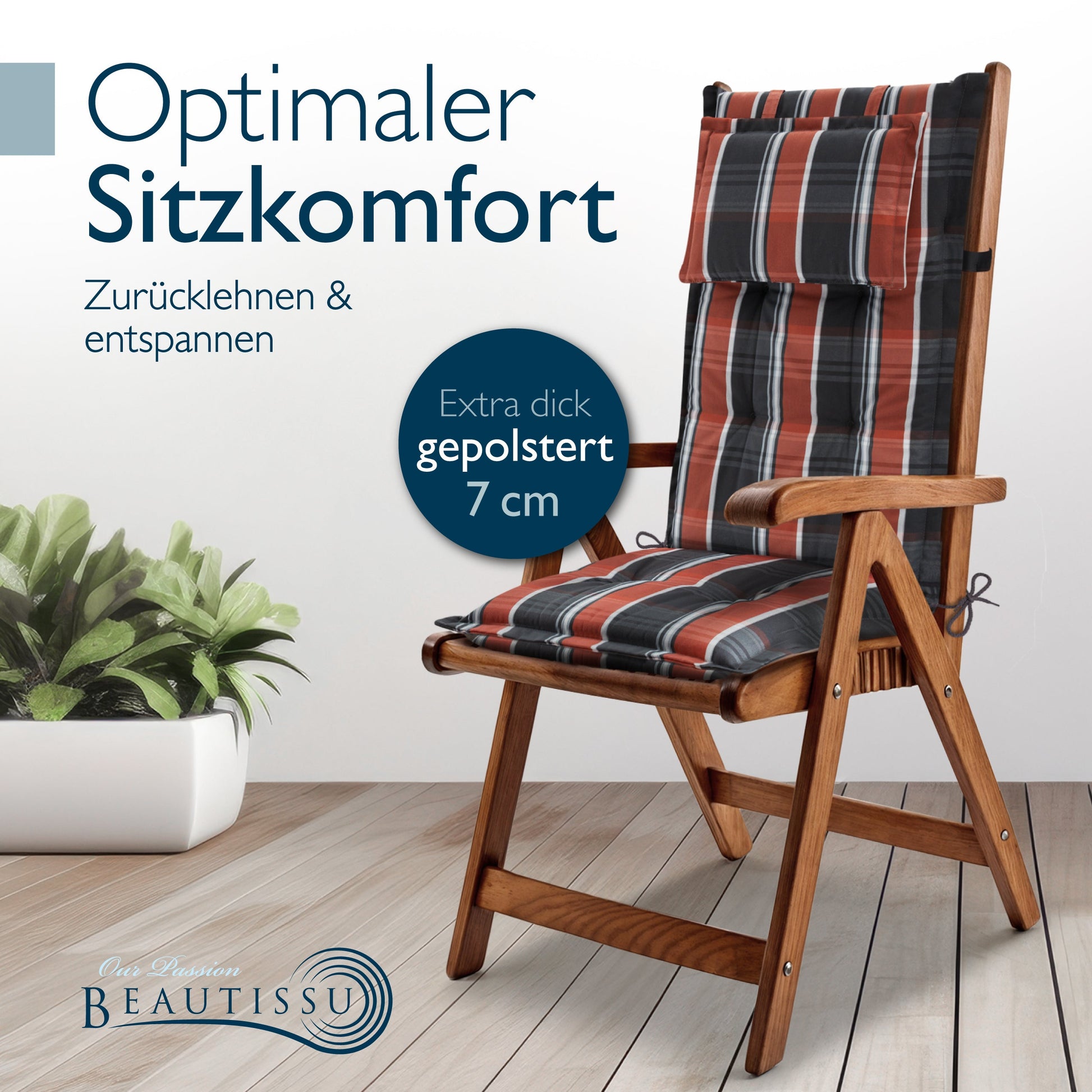 Beautissu Hochlehner Auflage mit Kopfpolster und 7 cm dicker Polsterung für Gartenstühle, UV-beständig und rutschfest