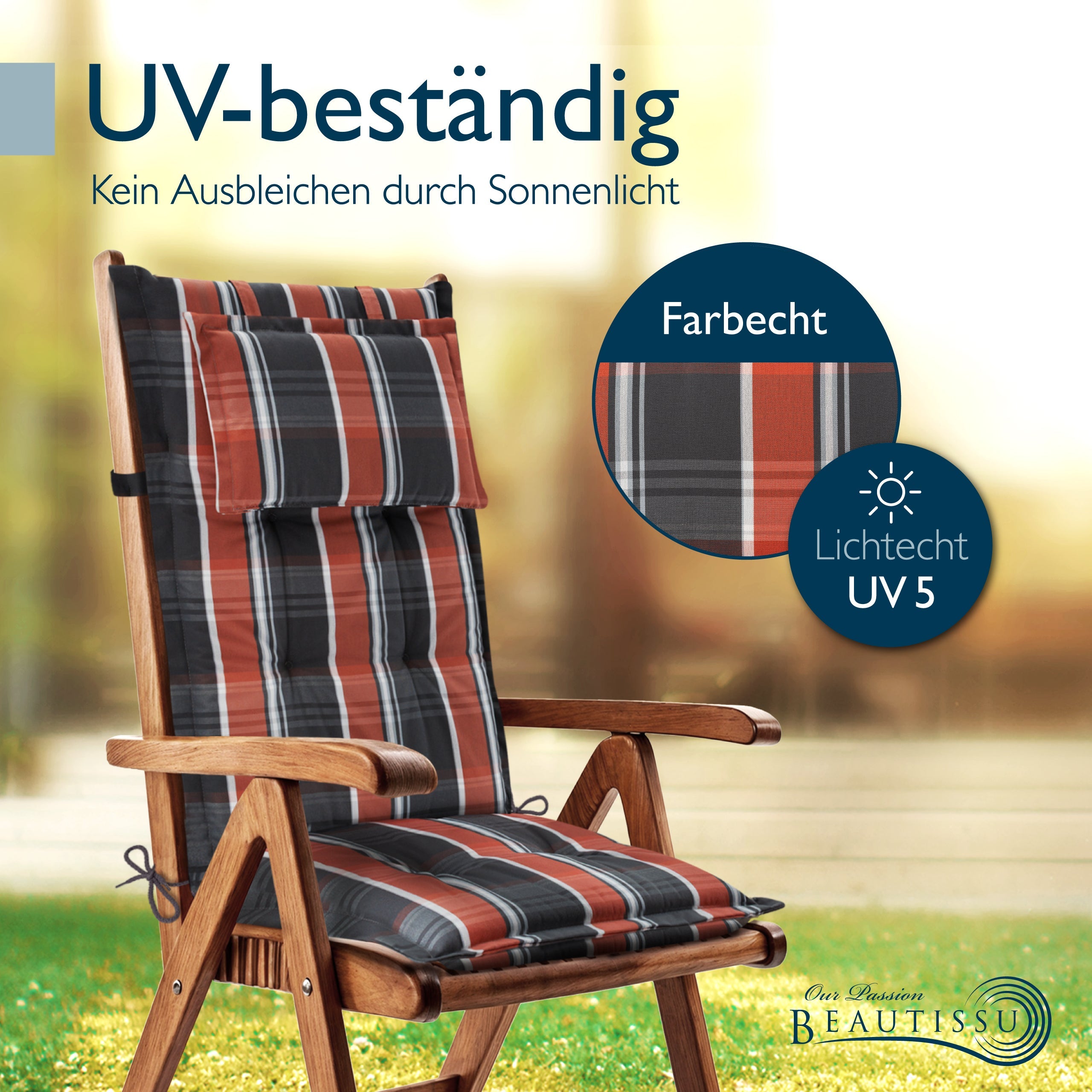 Beautissu Hochlehner Auflage mit Kopfpolster und 7 cm Komfortpolsterung für Gartenstühle