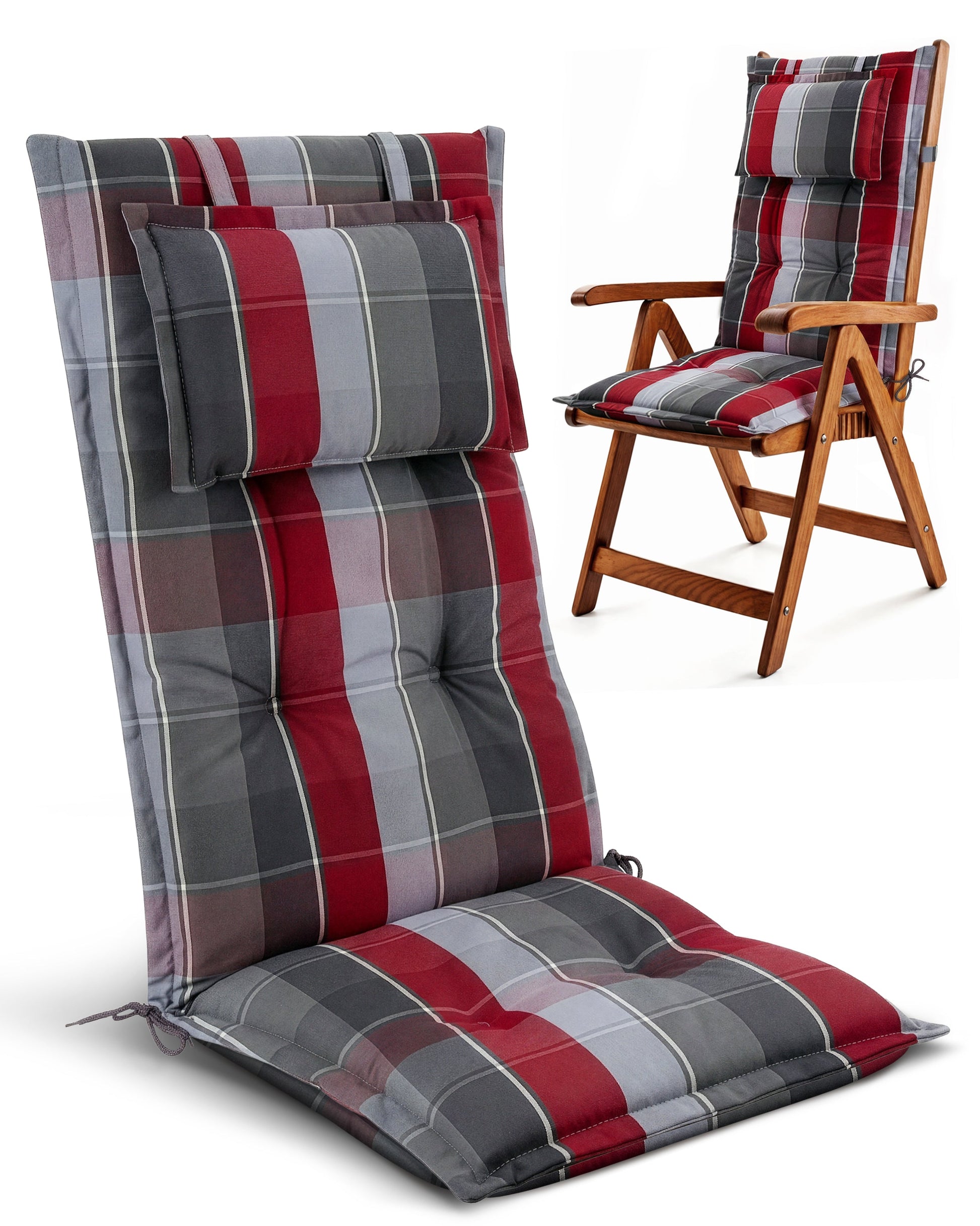 Beautissu Hochlehner Auflage mit Kopfpolster und 7 cm Polsterung, UV-beständig und rutschfest