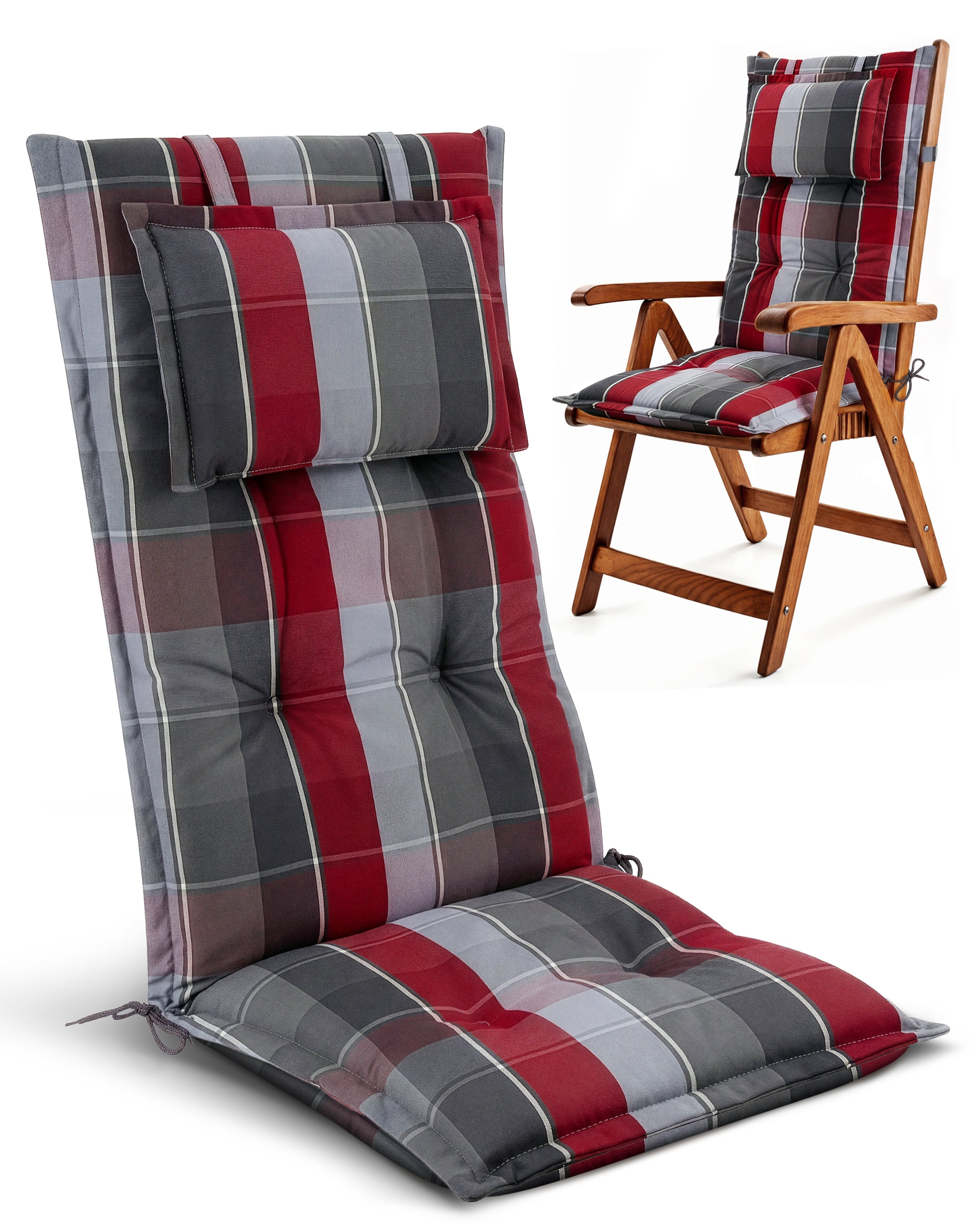 Beautissu Hochlehner Auflage mit Kopfpolster und 7 cm Polsterung, UV-beständig und rutschfest