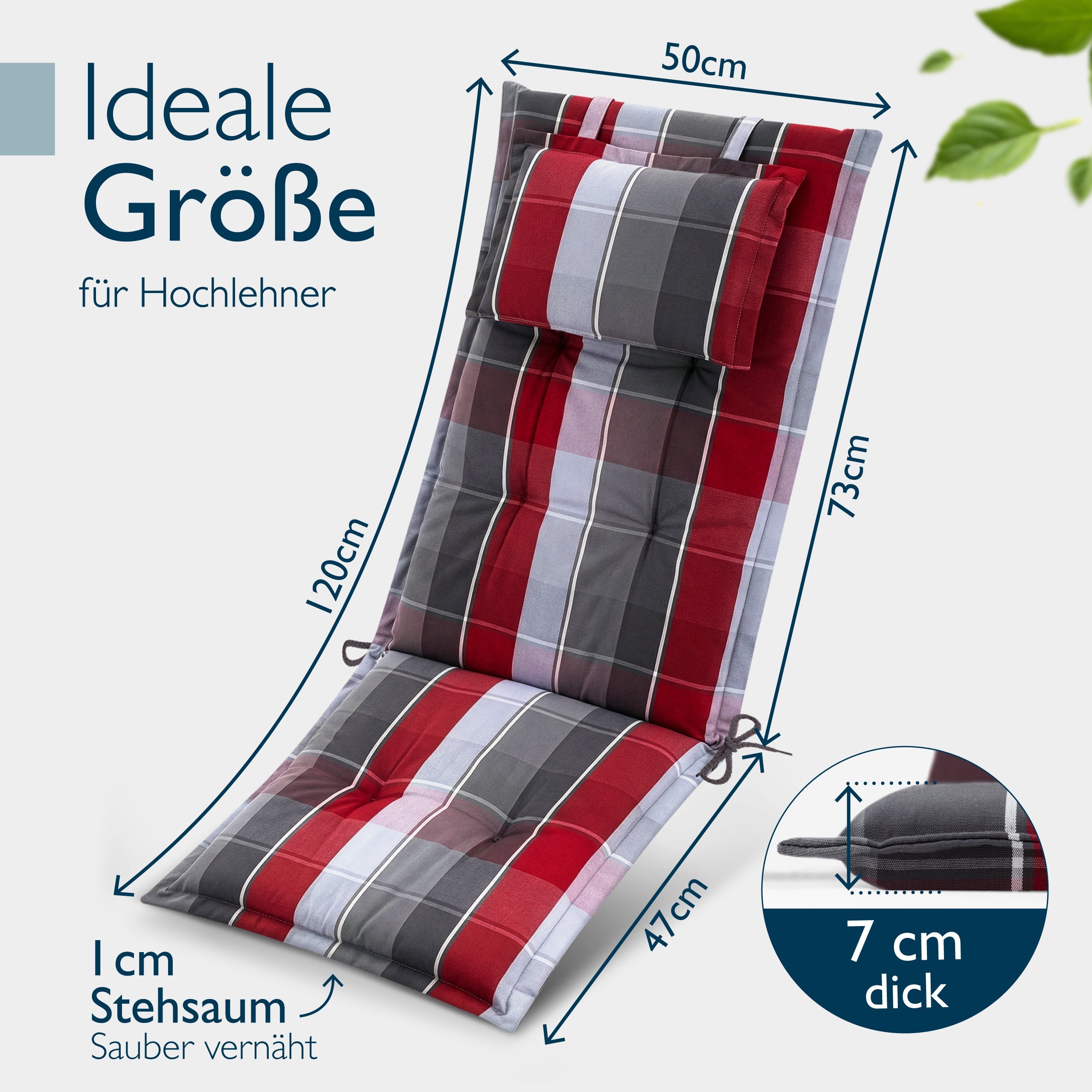 Beautissu Hochlehner Auflage mit 7 cm Polsterung und integriertem Kopfkissen, UV-beständig und rutschfest