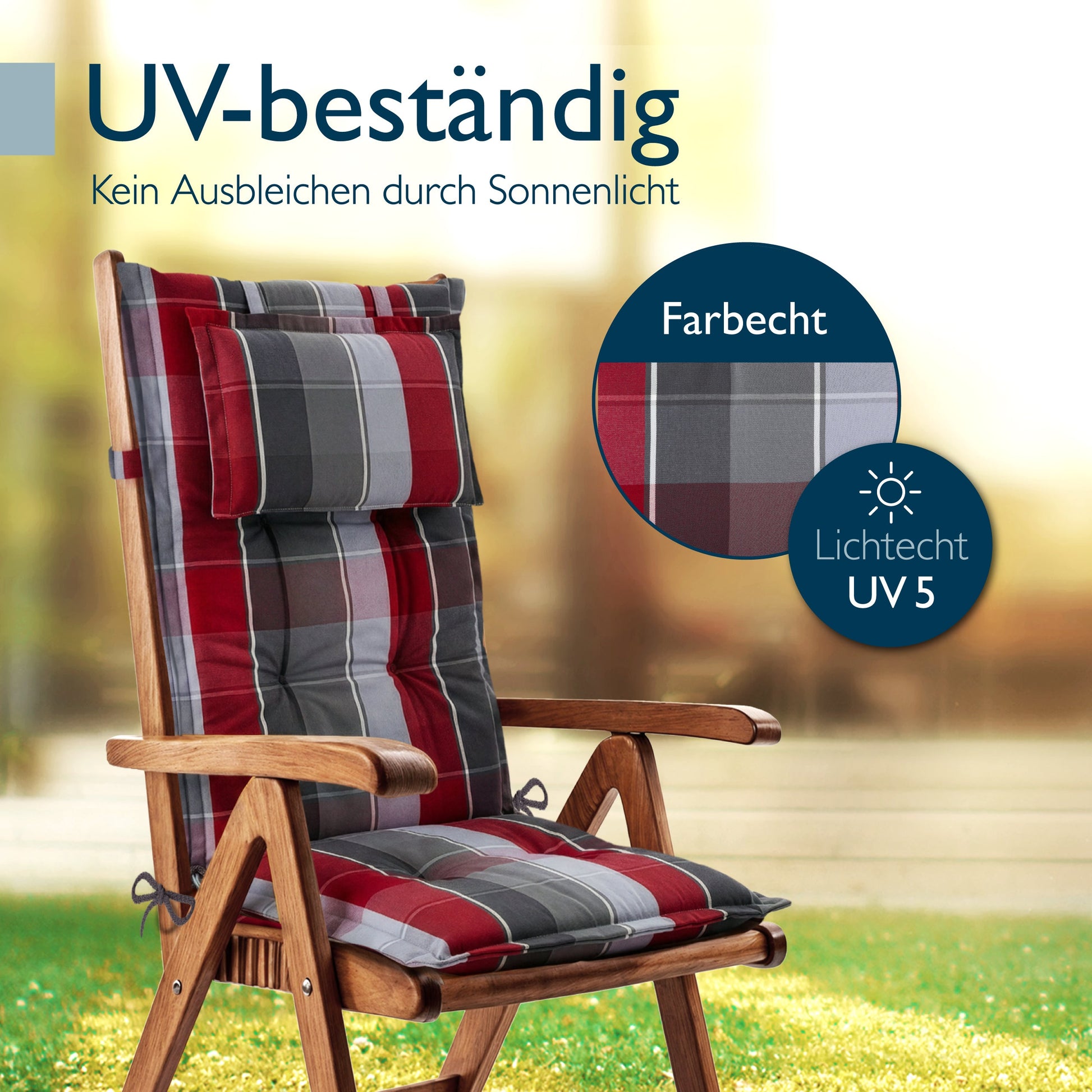 Beautissu Hochlehner Auflage mit 7 cm Polsterung und Kopfpolster, UV-beständig, rutschfest für Gartenstühle