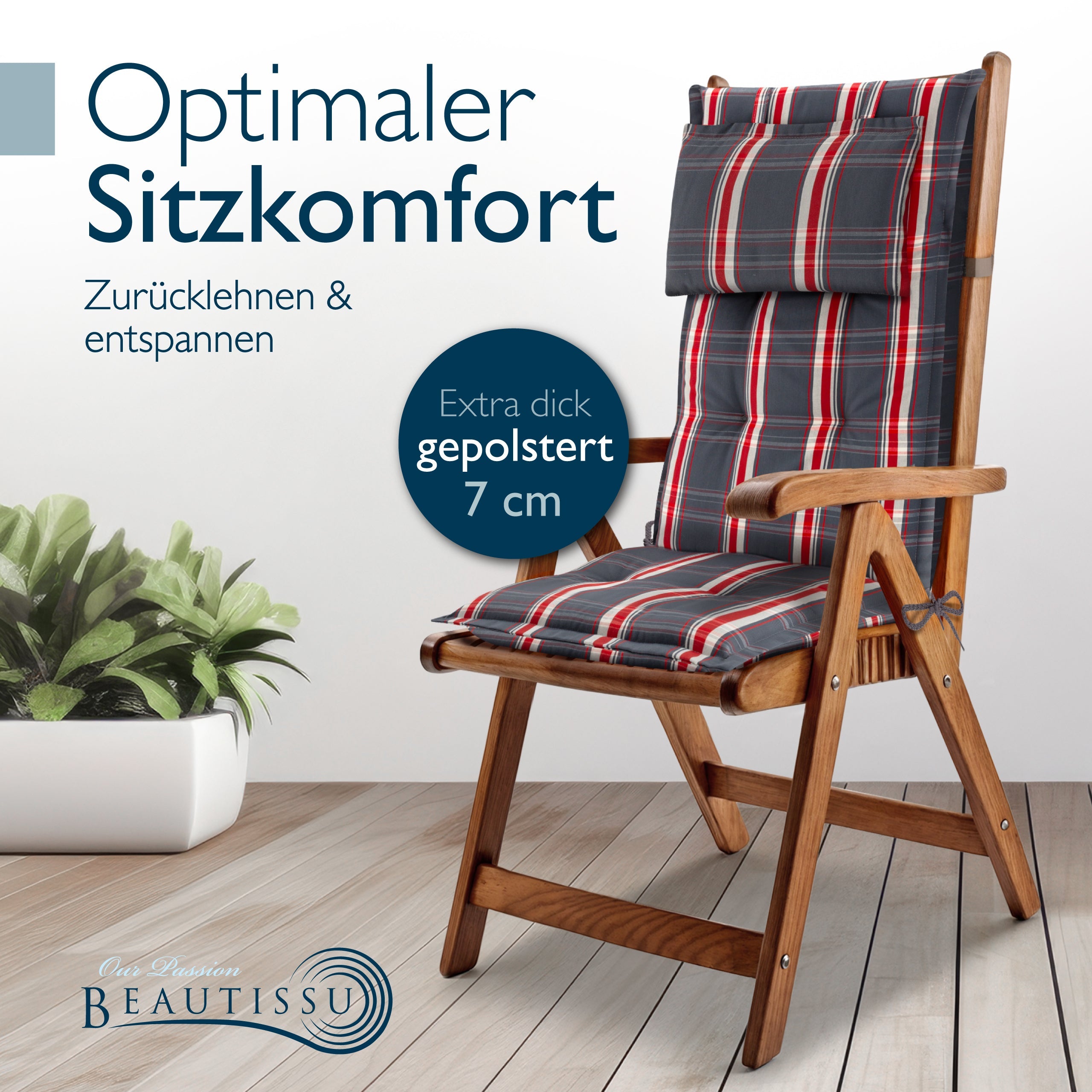 Beautissu Hochlehner Auflage mit 7 cm Polsterung und Kopfpolster für Gartenstuhl