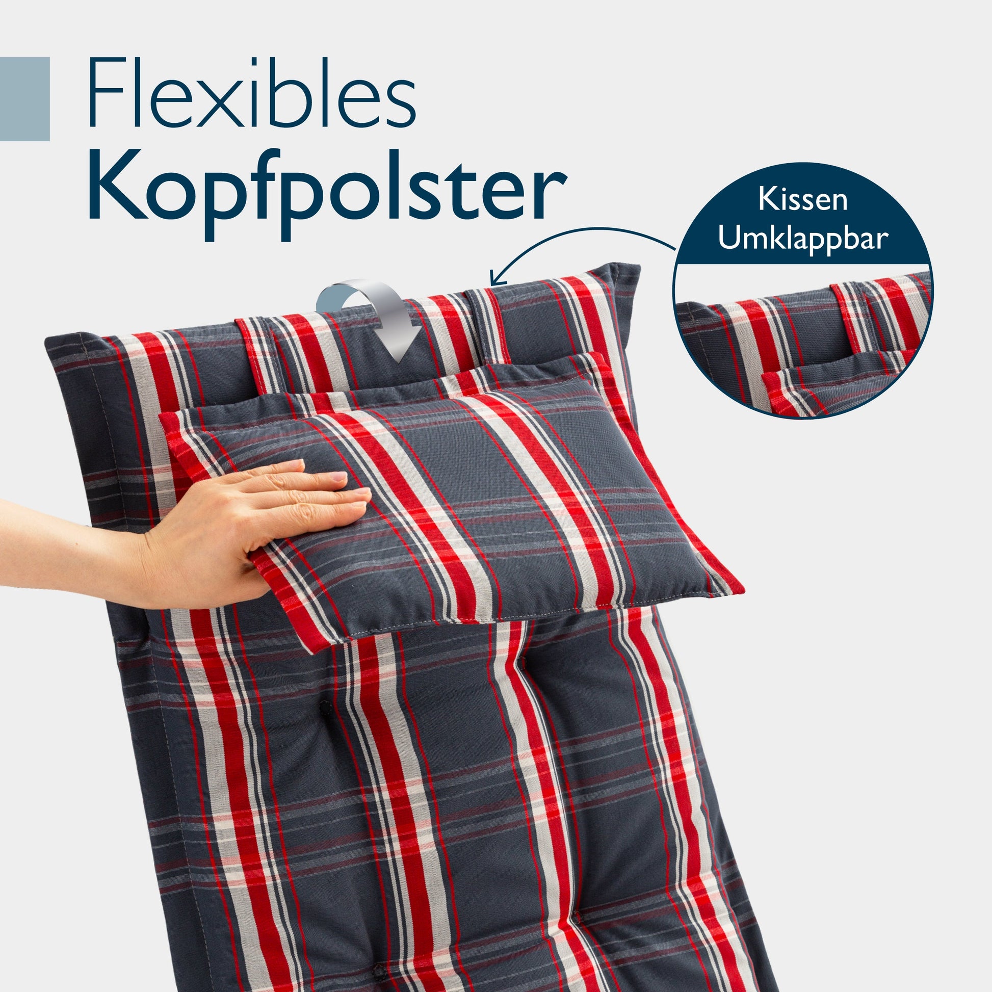 Beautissu Hochlehner Auflage mit umklappbarem Kopfkissen und UV-beständigem Polyesterbezug
