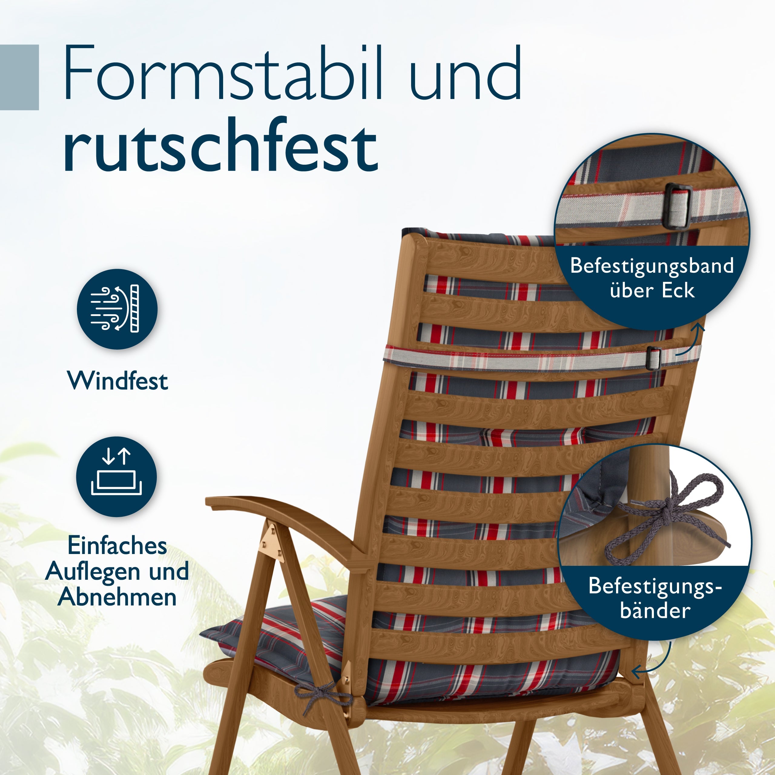 Beautissu Hochlehner Auflage mit 7 cm Polster und integriertem Kopfkissen für Gartenstuhl