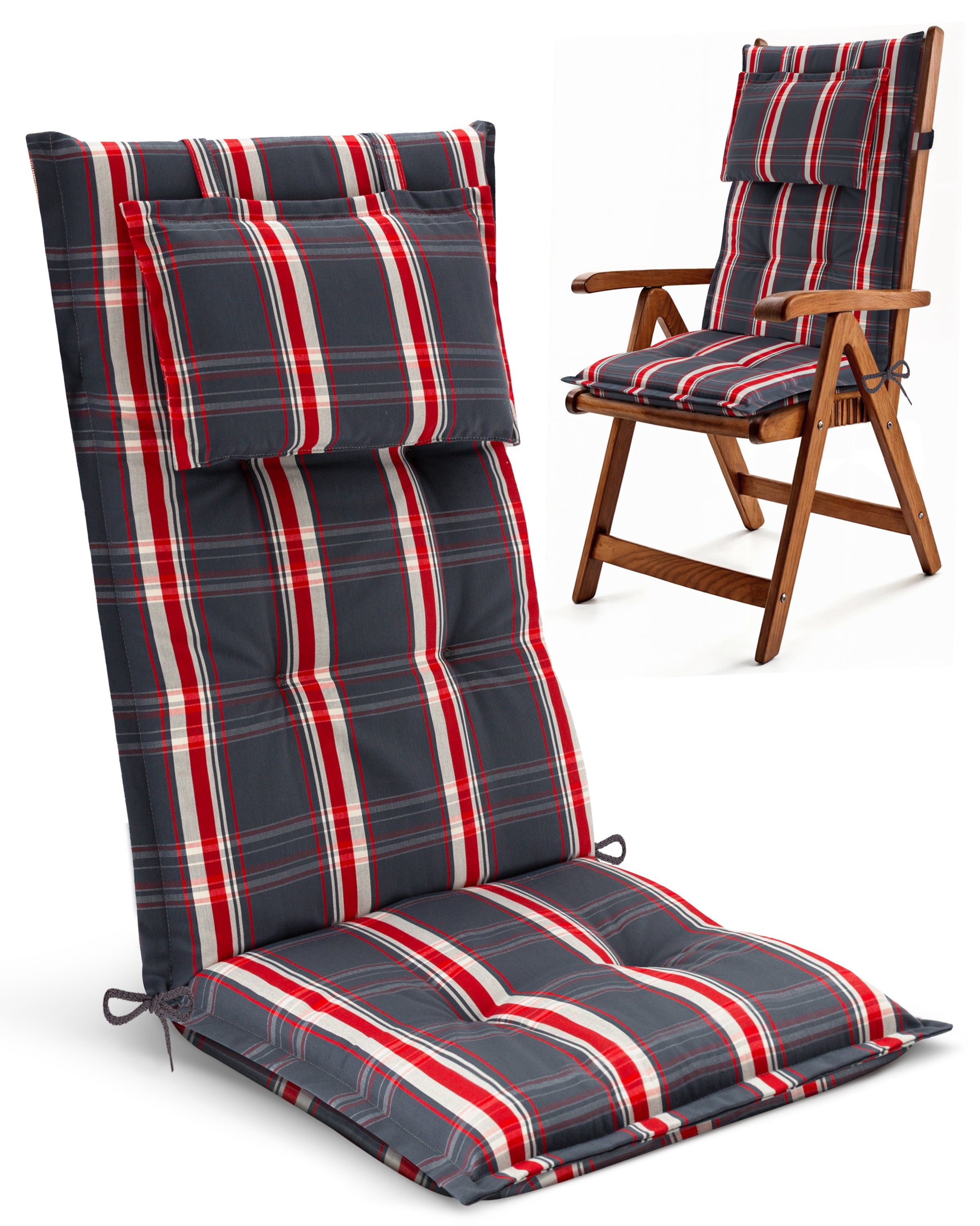 Beautissu Hochlehner Auflage mit Kopfpolster, 7 cm Polsterung, UV-beständig, rutschfest, Gartenstuhl Sitzkissen