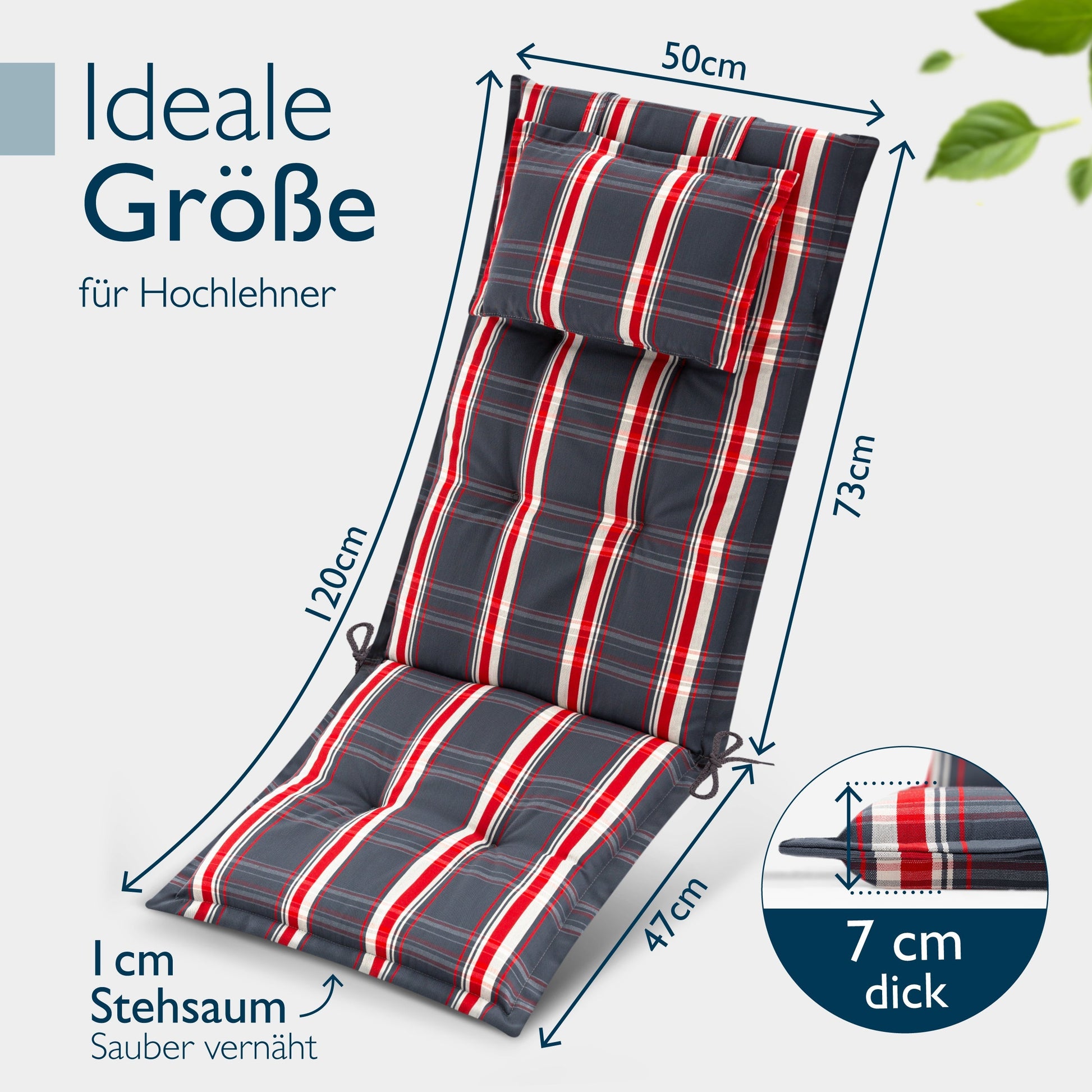 Beautissu Hochlehner Auflage mit Kopfpolster, 7 cm dick, UV-beständig, rutschfest, hochwertiger Polyesterbezug