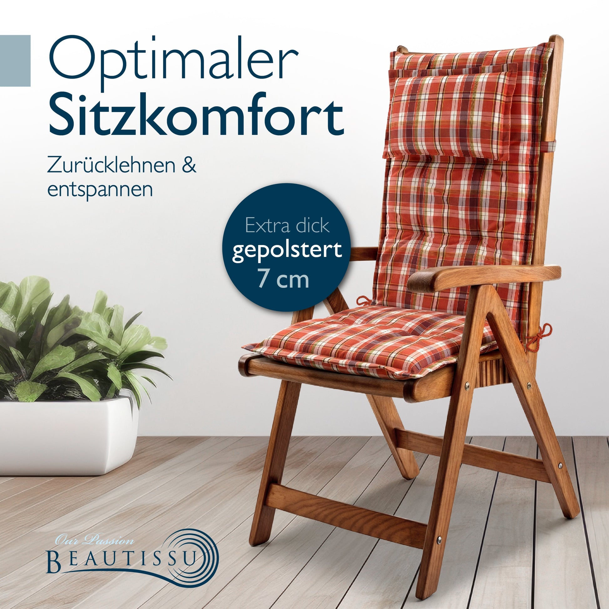 Beautissu Hochlehner Auflage 7 cm dick mit Kopfpolster und rutschfestem Band, UV-beständig, polyesterbezogen