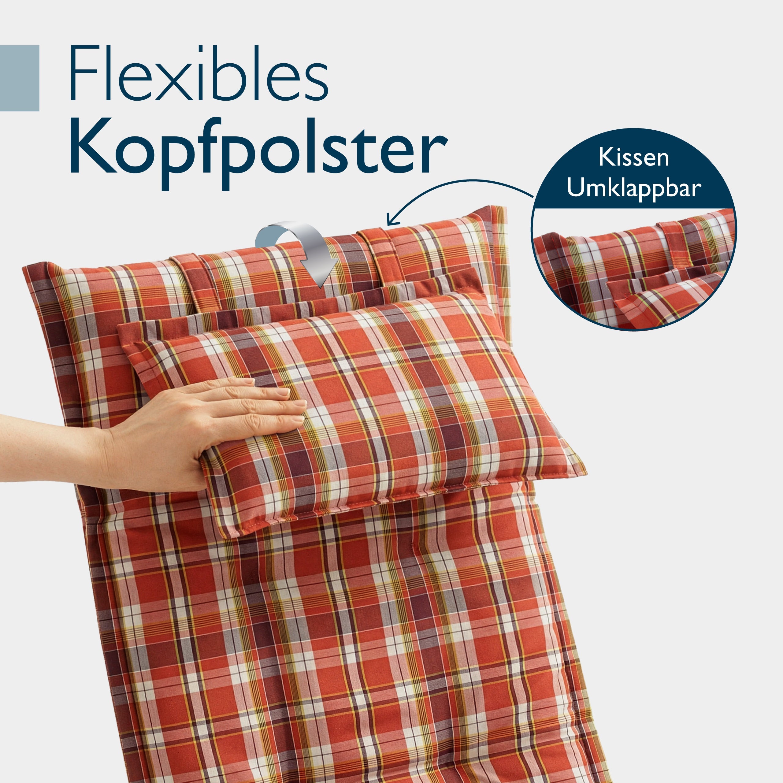 Beautissu Hochlehner Auflage mit Kopfpolster und rutschfestem Band, 7 cm Polsterung, UV-beständig