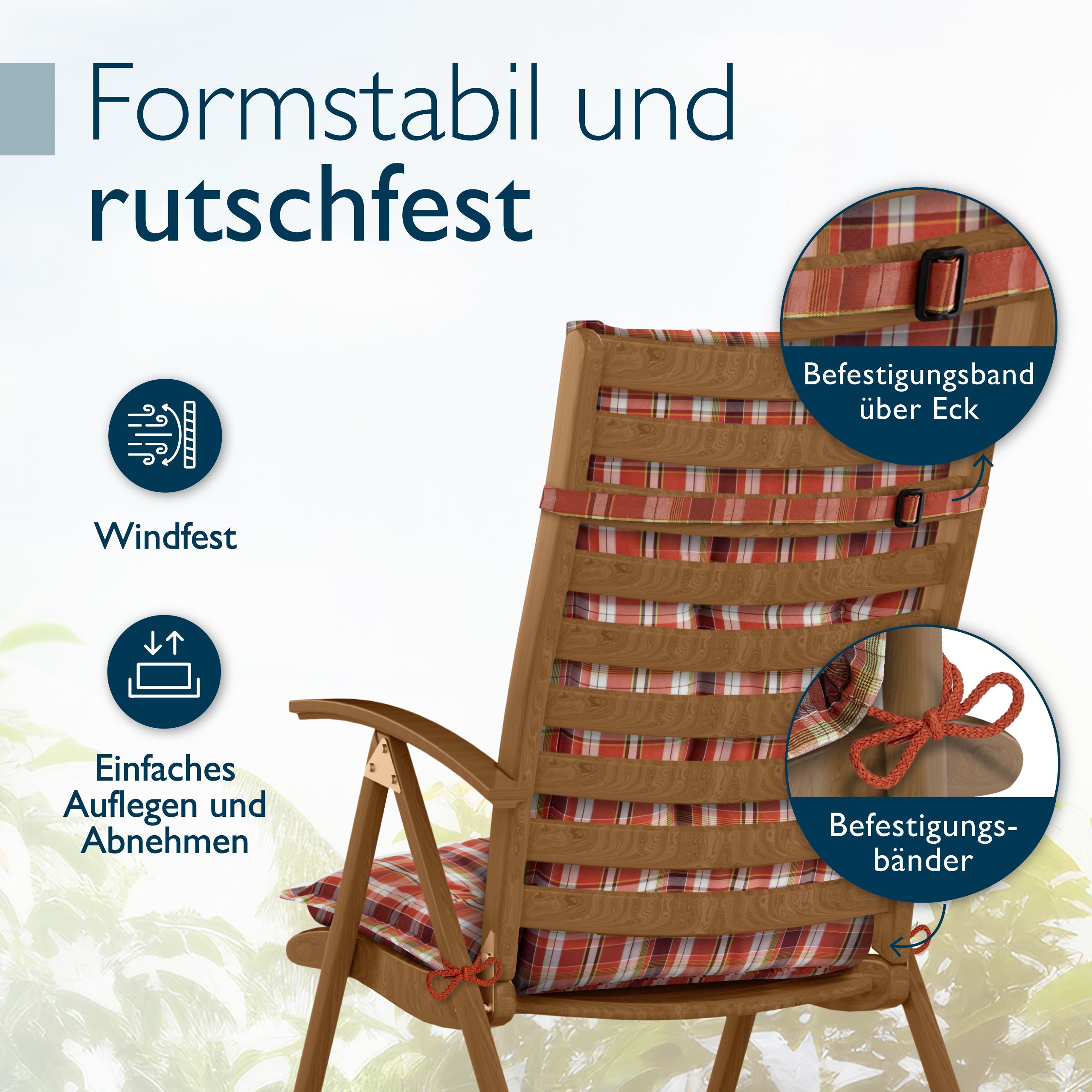 Beautissu Hochlehner Auflage mit 7 cm Polsterung und Kopfpolster, UV-beständig, rutschfest, Polyesterbezug