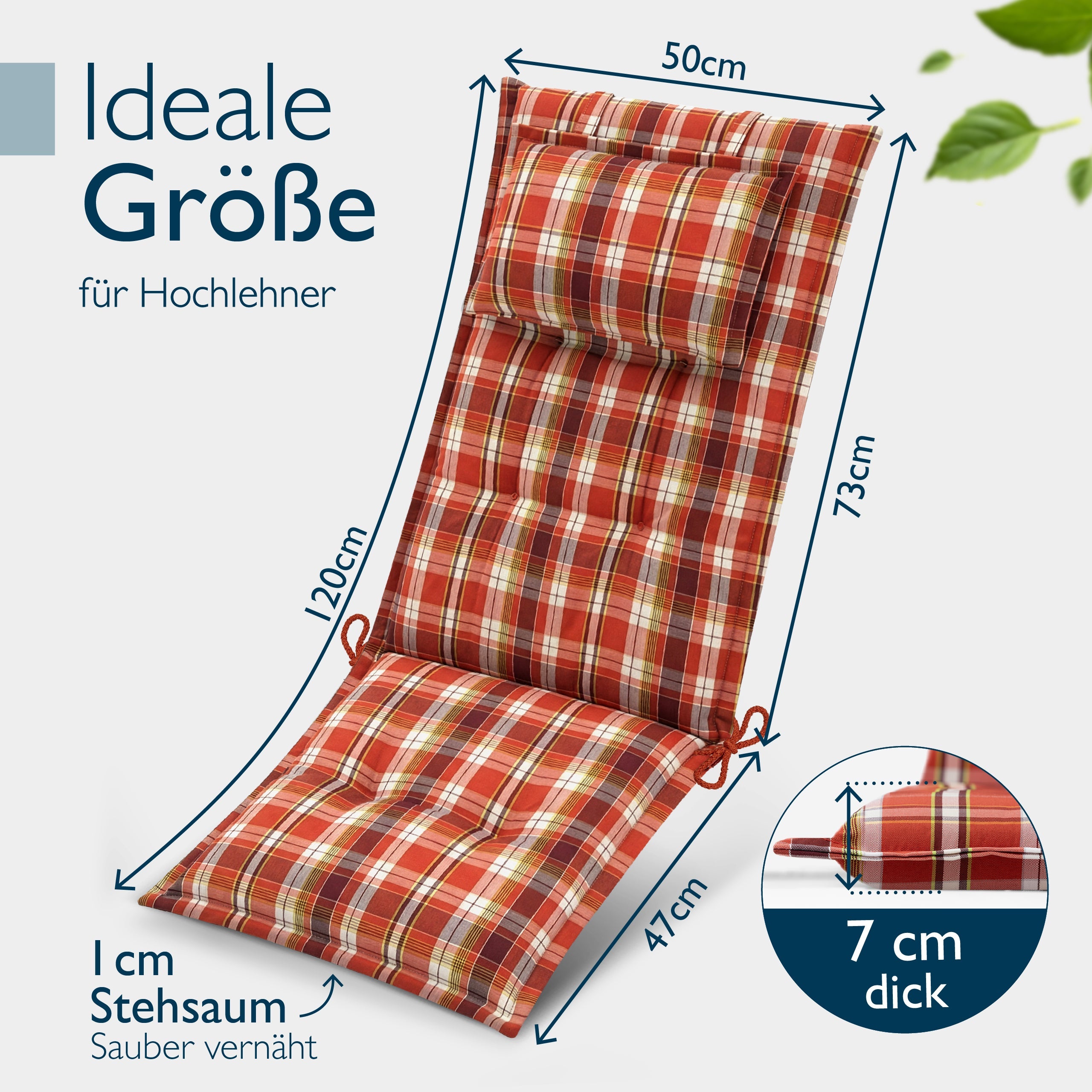 Beautissu Hochlehner Auflage mit Kopfpolster und UV-beständigem Polyesterbezug auf Gartenstuhl