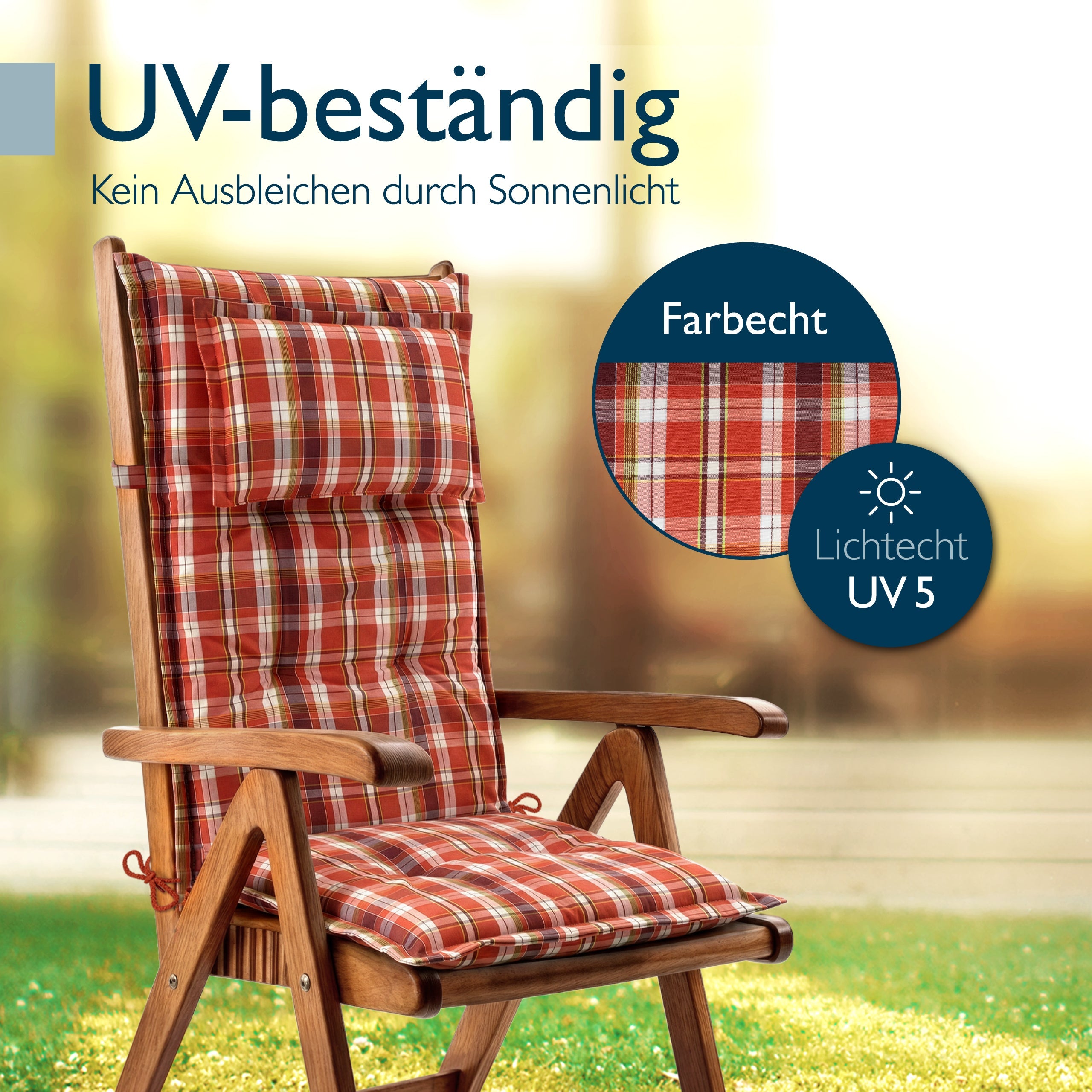 Beautissu Hochlehner Auflage mit Kopfpolster und 7 cm Polsterung für Gartenstuhl, UV-beständig und rutschfest