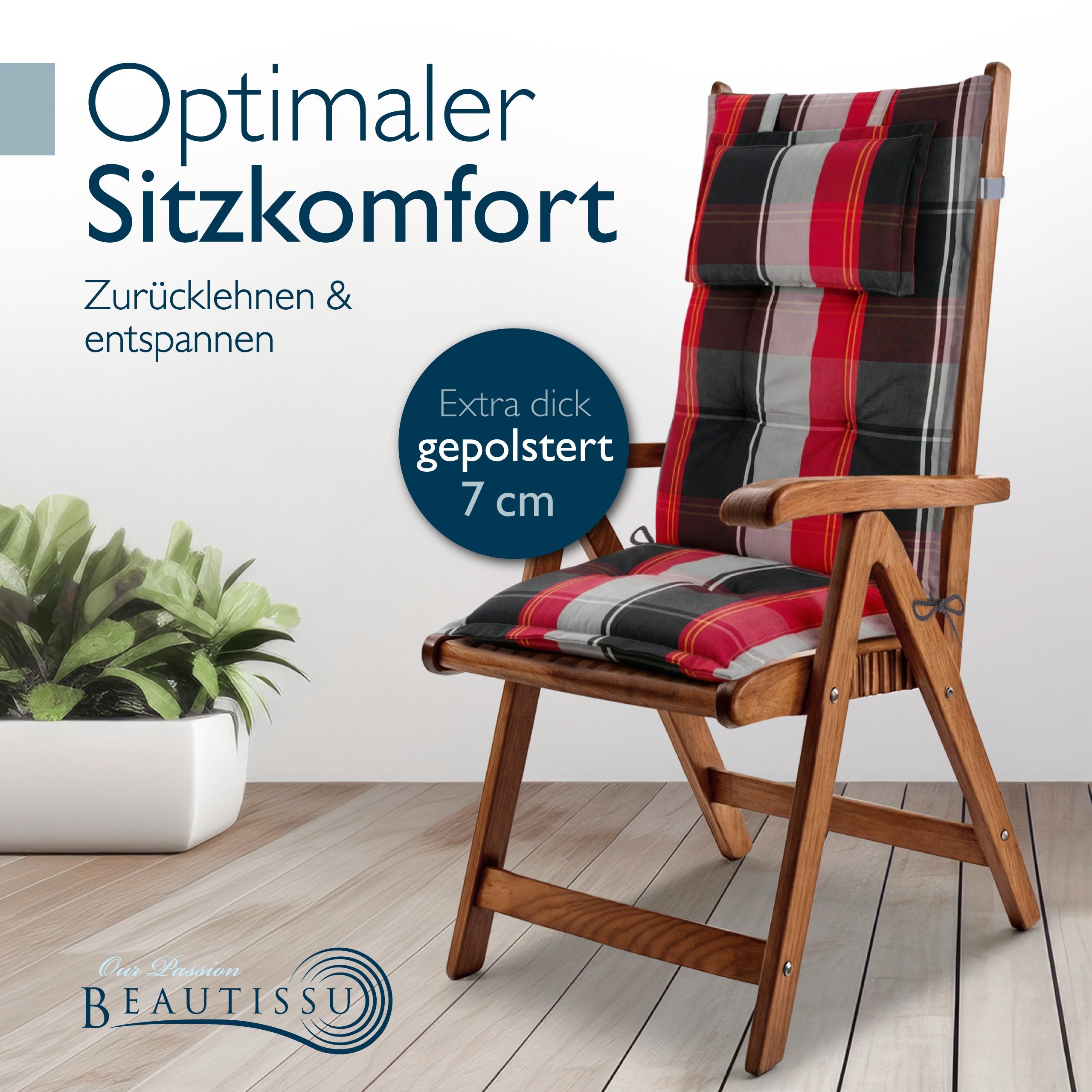 Beautissu Hochlehner Auflage mit 7 cm Polsterung und Kopfkissen, UV-beständig und rutschfest für Gartenstühle