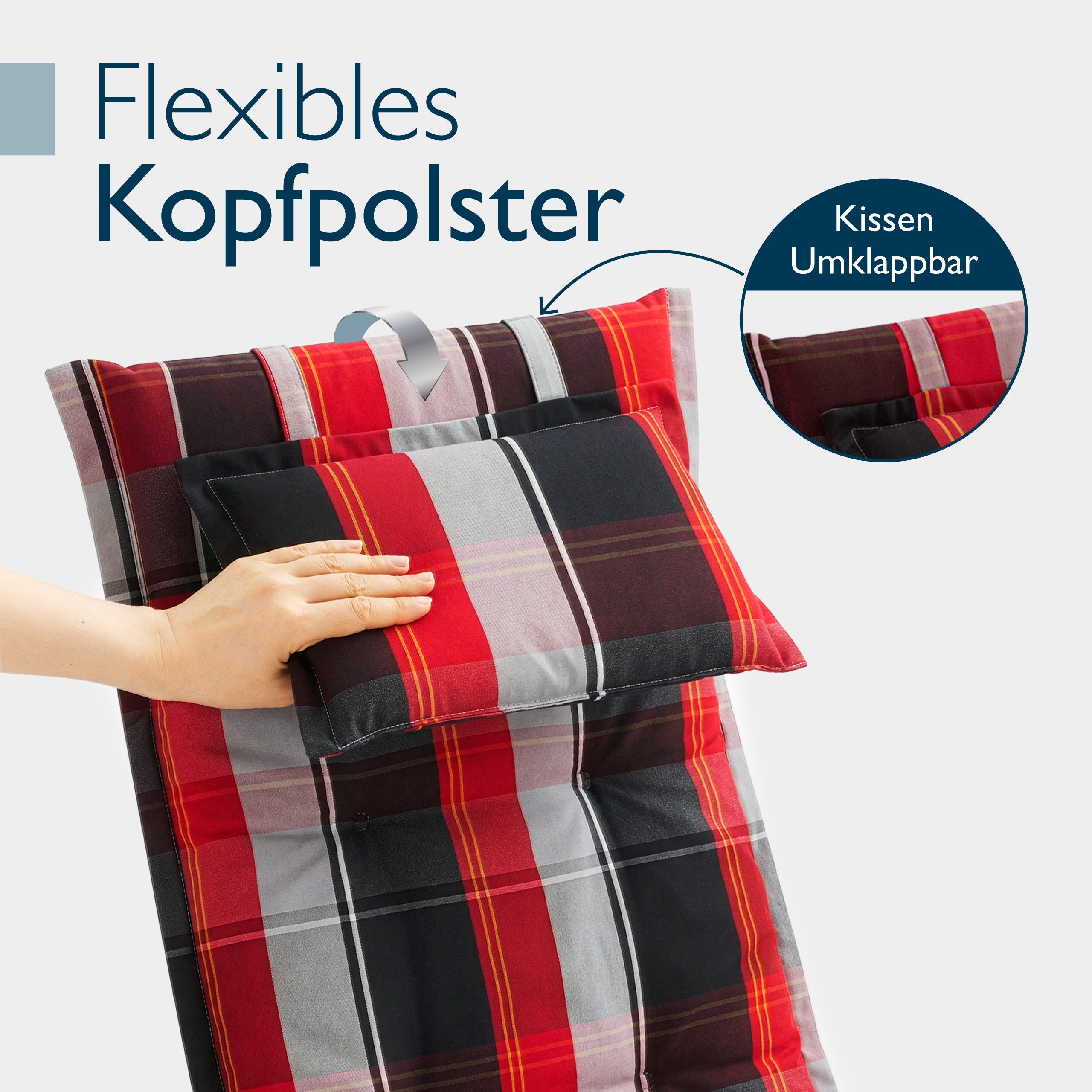 Beautissu Hochlehner Auflage mit 7 cm Polsterung und Kopfpolster, UV-beständig und rutschfest