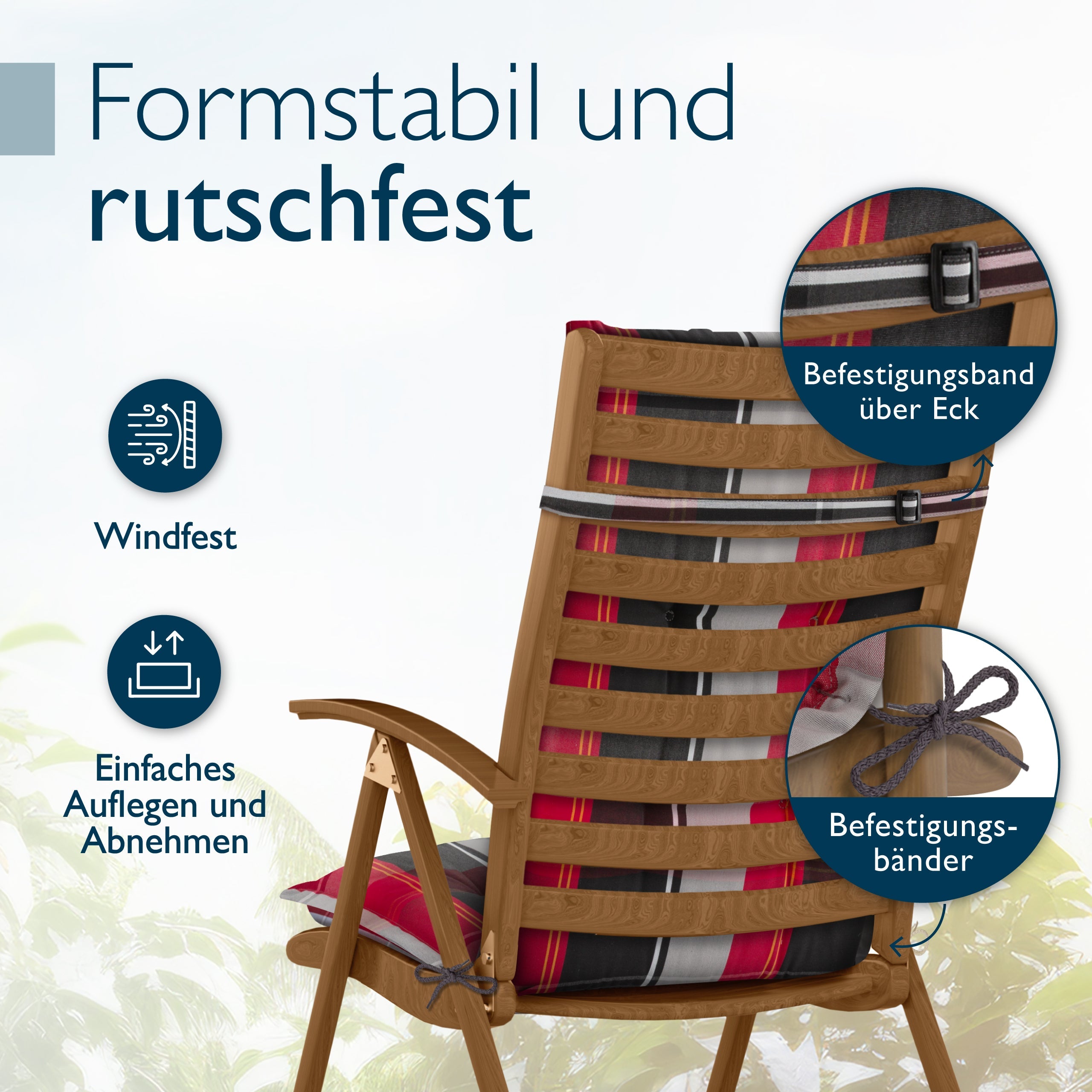 Beautissu Hochlehner Auflage mit Kopfpolster, 7 cm Polsterung, UV-beständig und rutschfest, hochwertige Gartenstuhlauflage