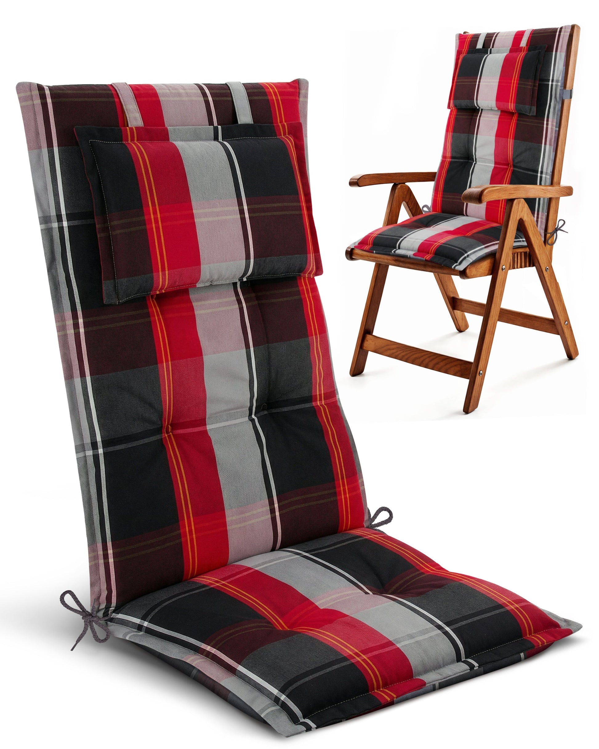 Beautissu Hochlehner Auflage mit 7 cm Polsterung und umklappbarem Kopfkissen für Gartenstuhl