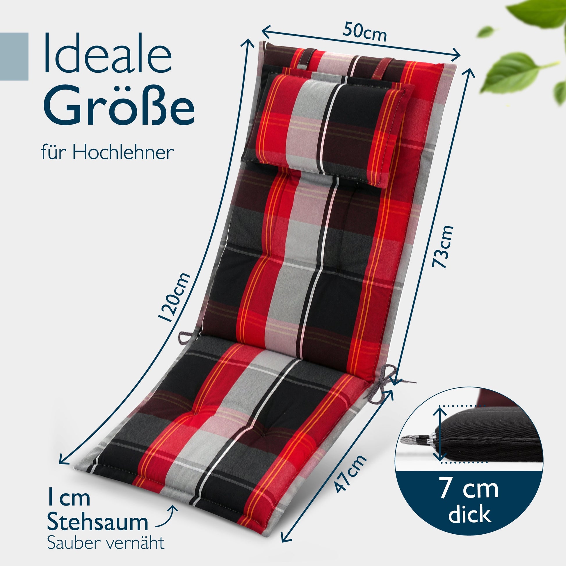 Schwarze Beautissu Hochlehner Auflage mit Kopfpolster und 7 cm Polsterung für Gartenstuhl