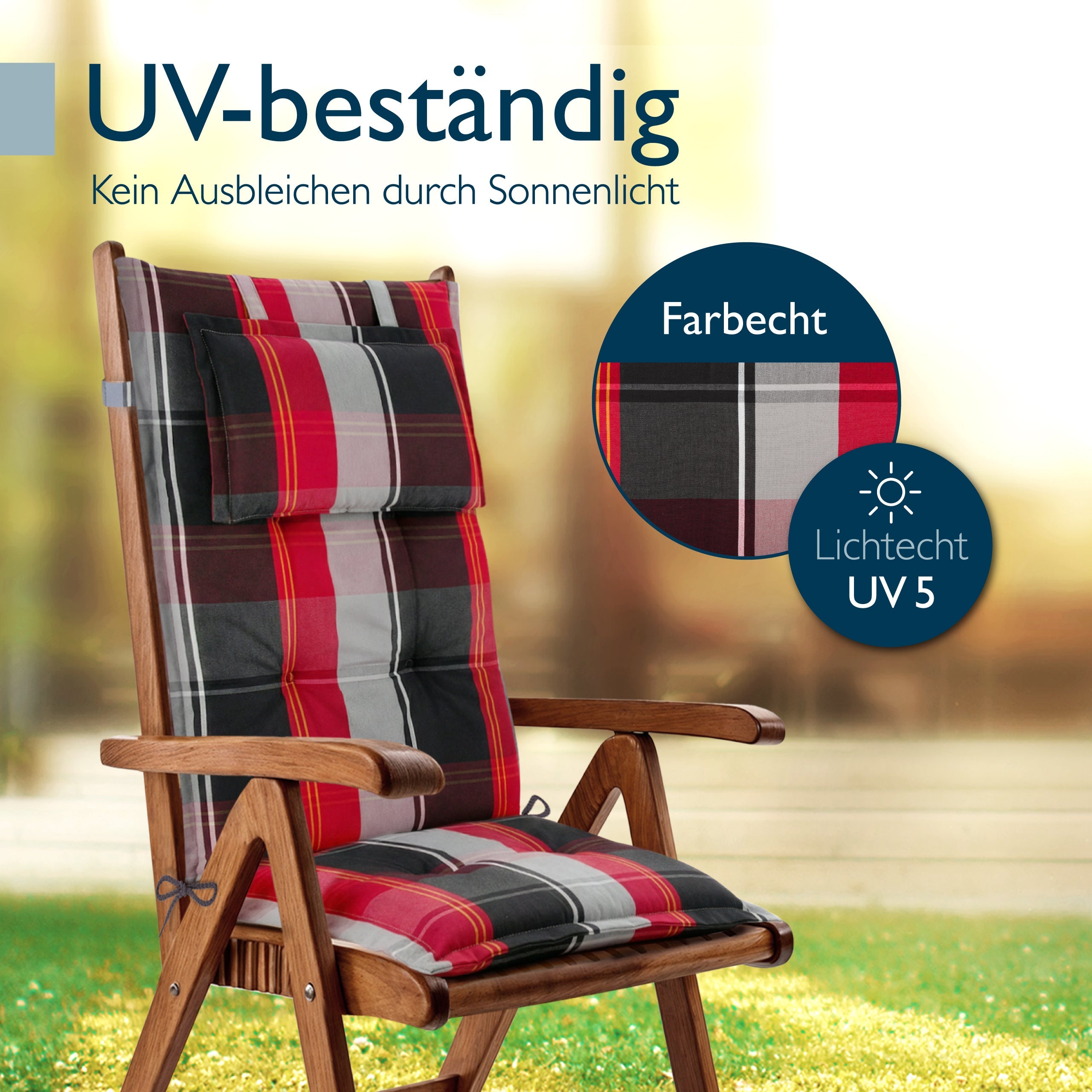 Beautissu Hochlehner Auflage mit Kopfpolster, 7 cm dicke Polsterung, UV-beständiger Polyesterbezug, rutschfestes Gartenstuhlkissen
