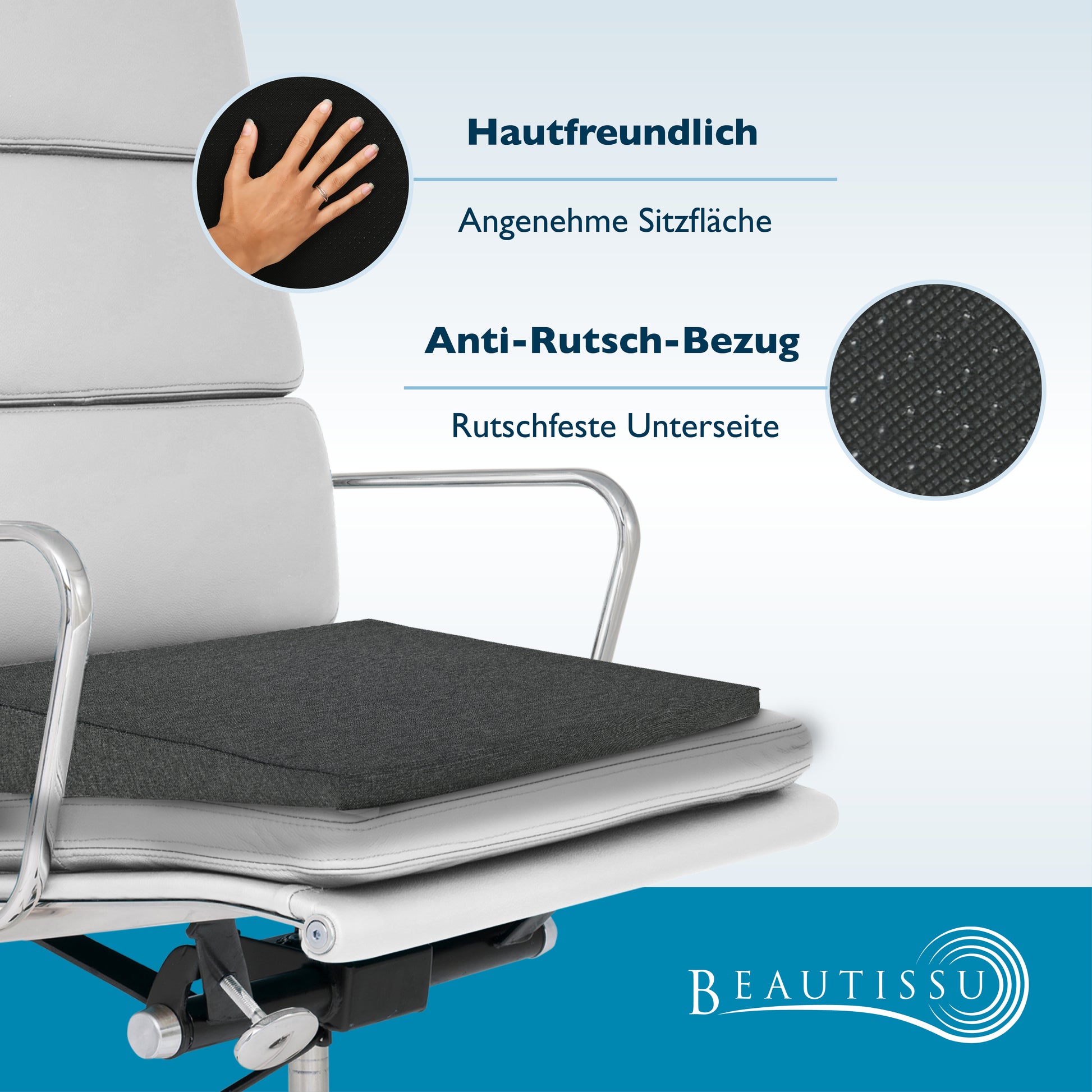 Beautissu Ergonomisches Sitzkissen mit Anti-Rutsch-Bezug 37×33,5×7 cm