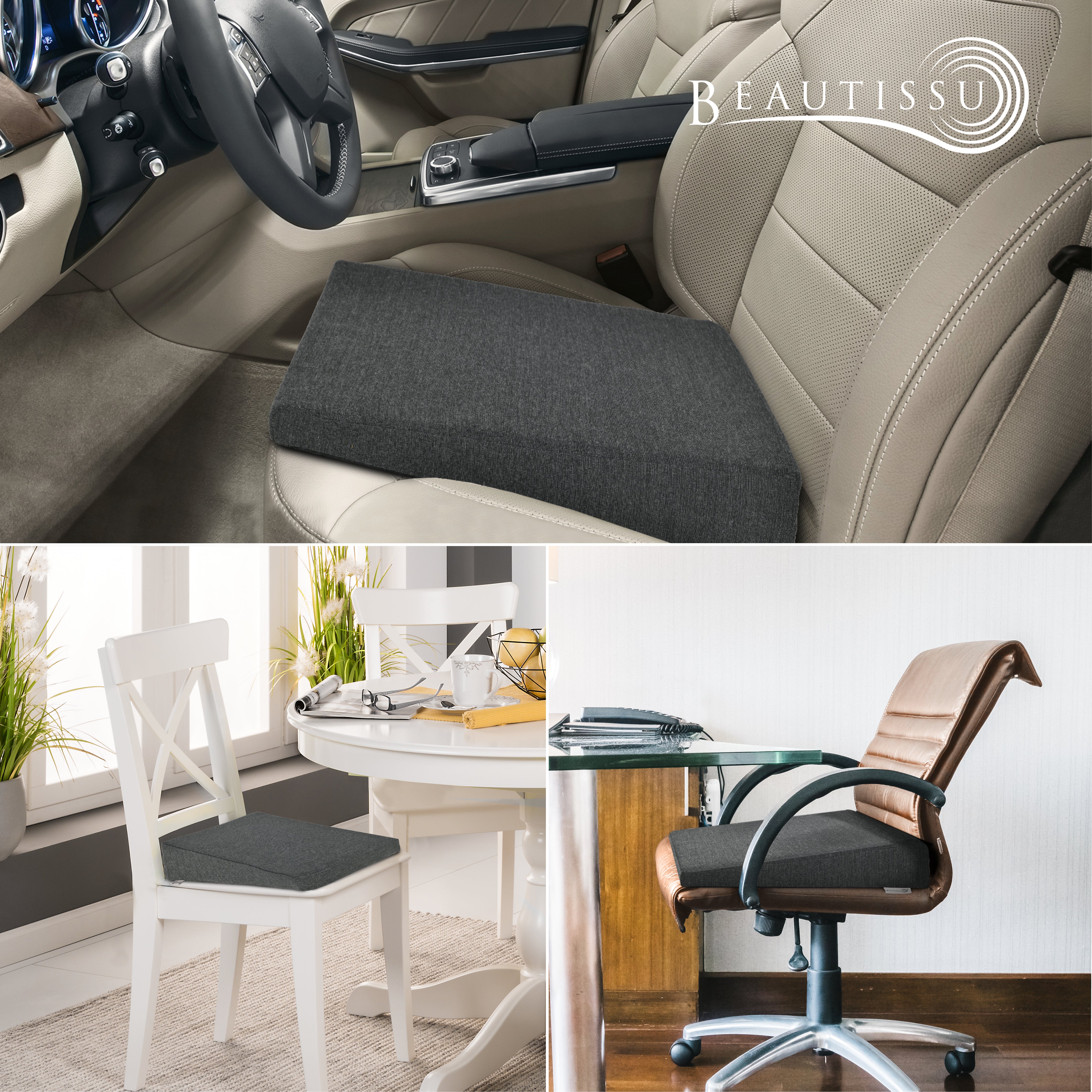 Beautissu Ergonomisches Sitzkissen mit Anti-Rutsch-Bezug 37×33,5×7 cm