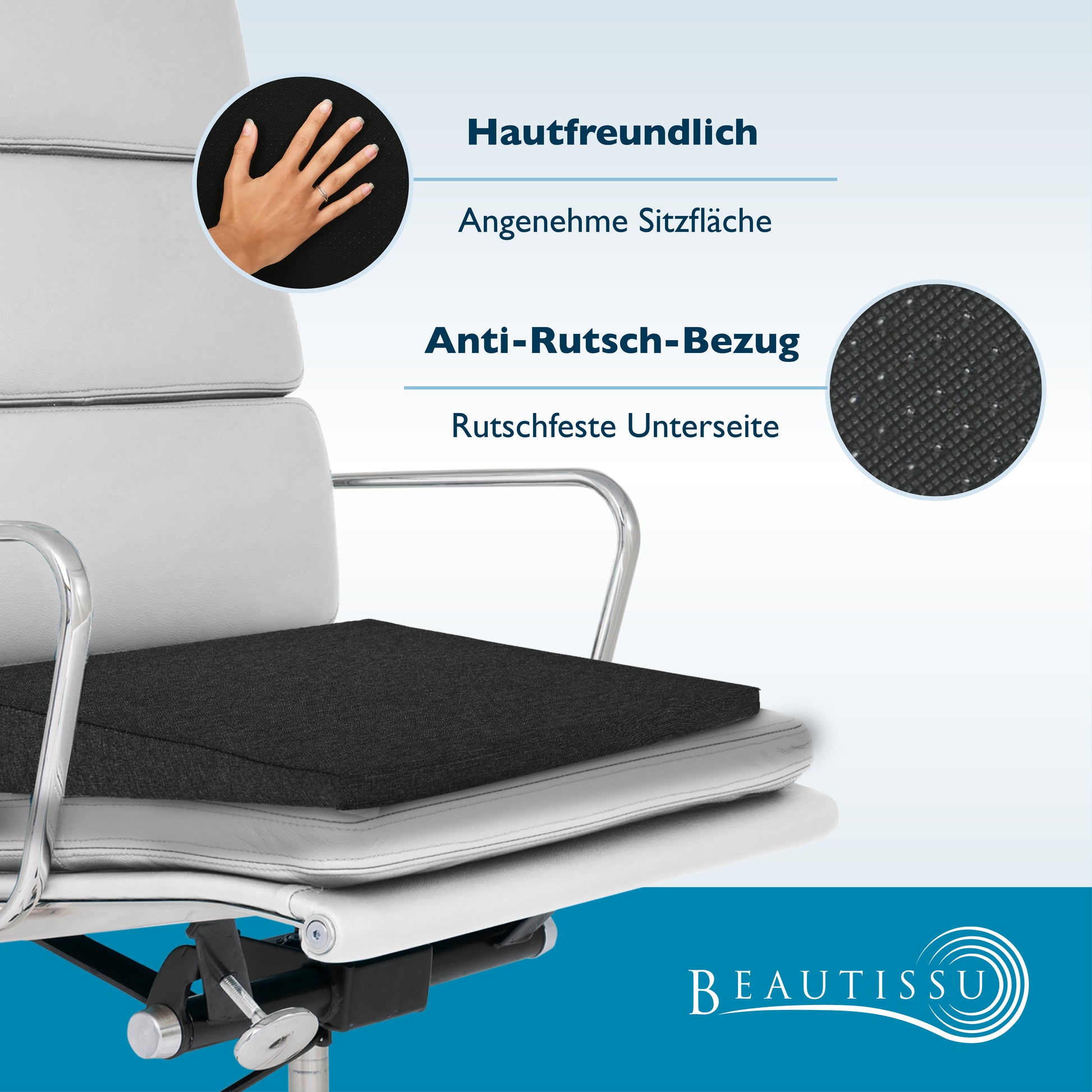 Beautissu Ergonomisches Sitzkissen mit Anti-Rutsch-Bezug 37×33,5×7 cm