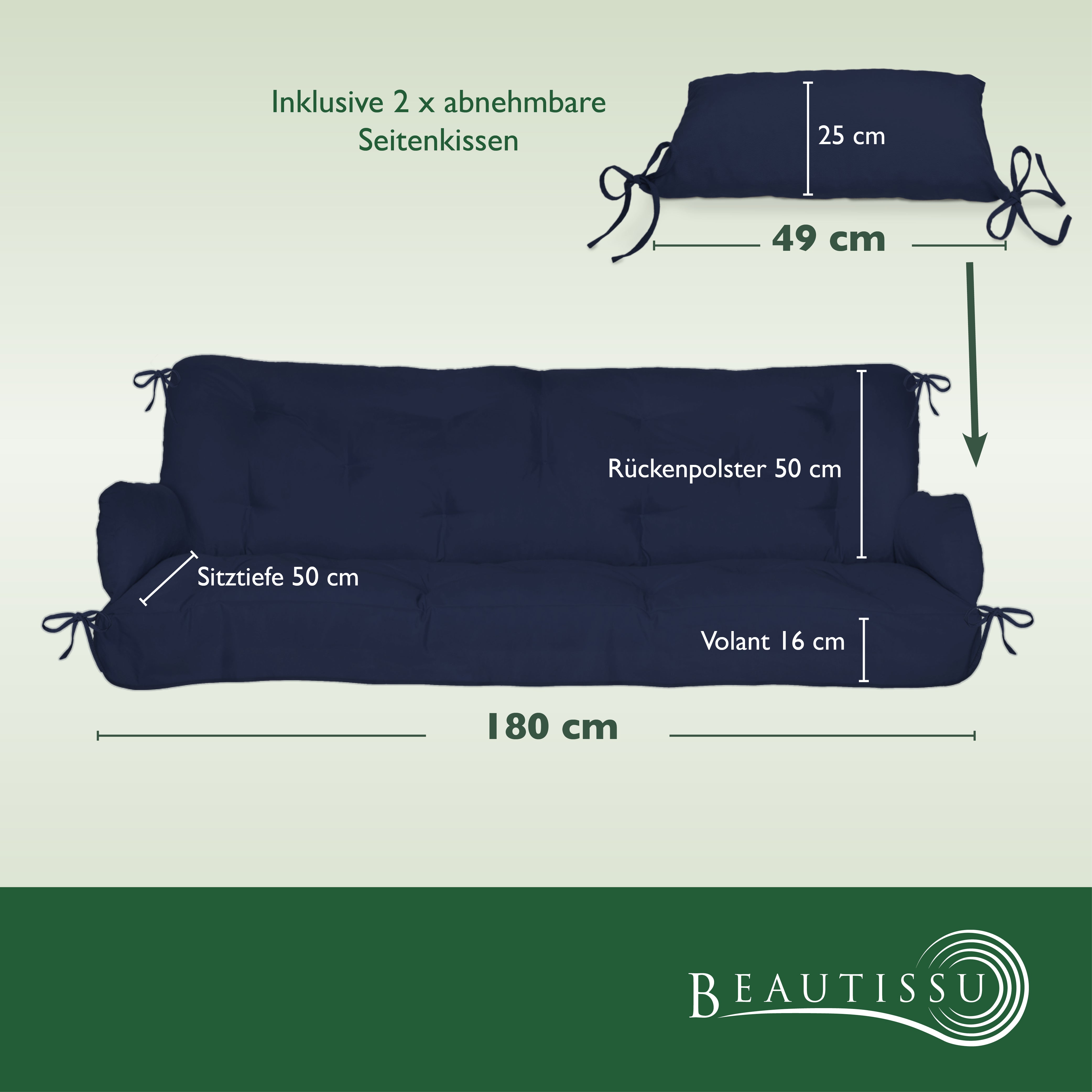 Beautissu Sitzkissen für Hollywoodschaukel mit 2 Seitenkissen 180×50×8