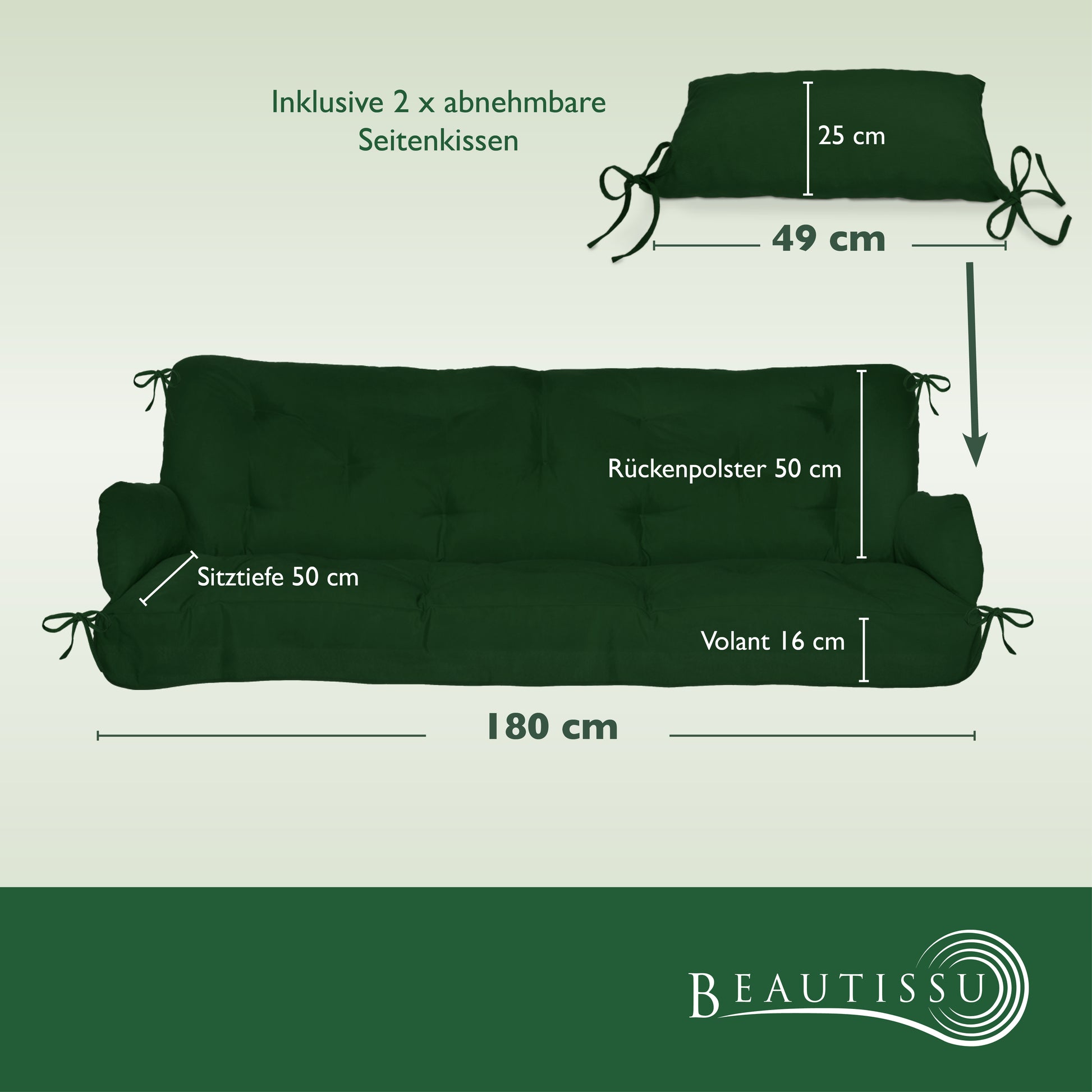 Beautissu Sitzkissen für Hollywoodschaukel mit 2 Seitenkissen 180×50×8